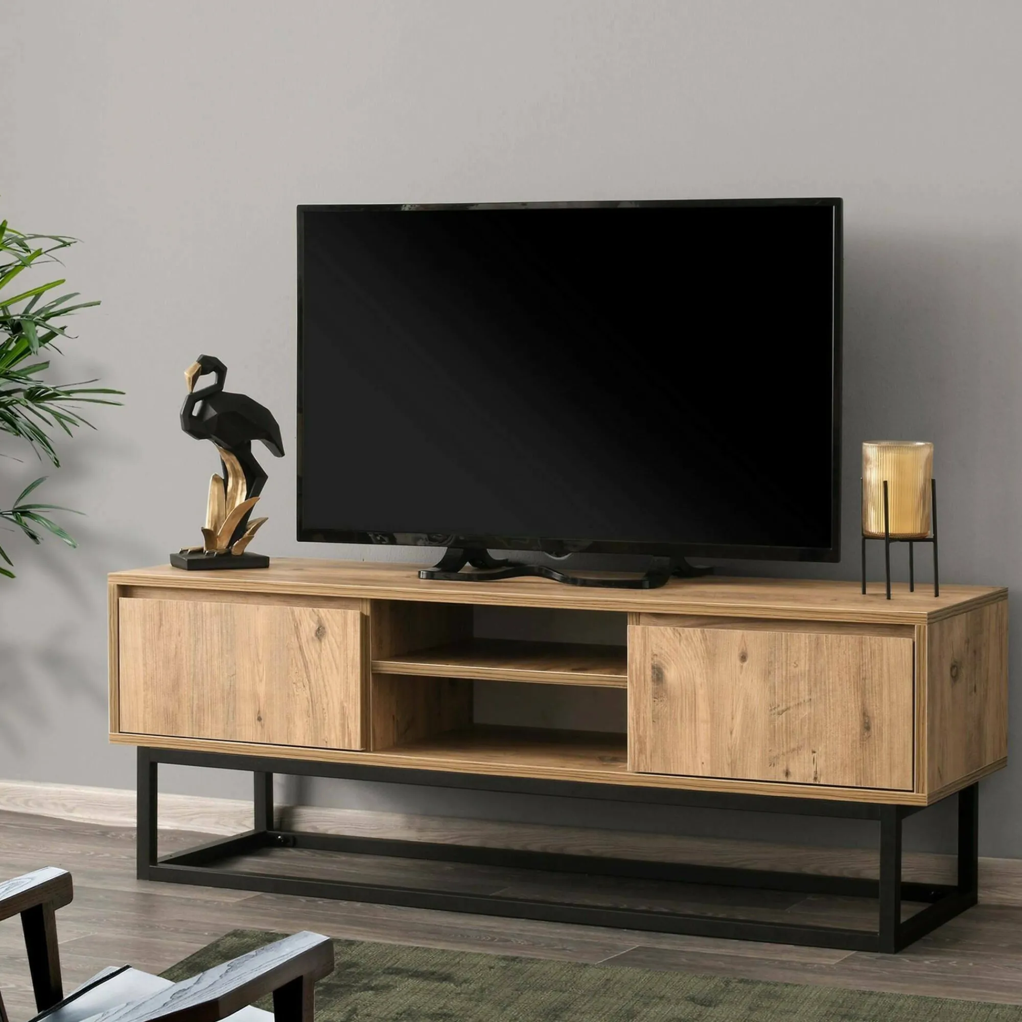 Mobile porta TV Kira, Nero e Quercia, 140x40h50 cm<Dmora Sale