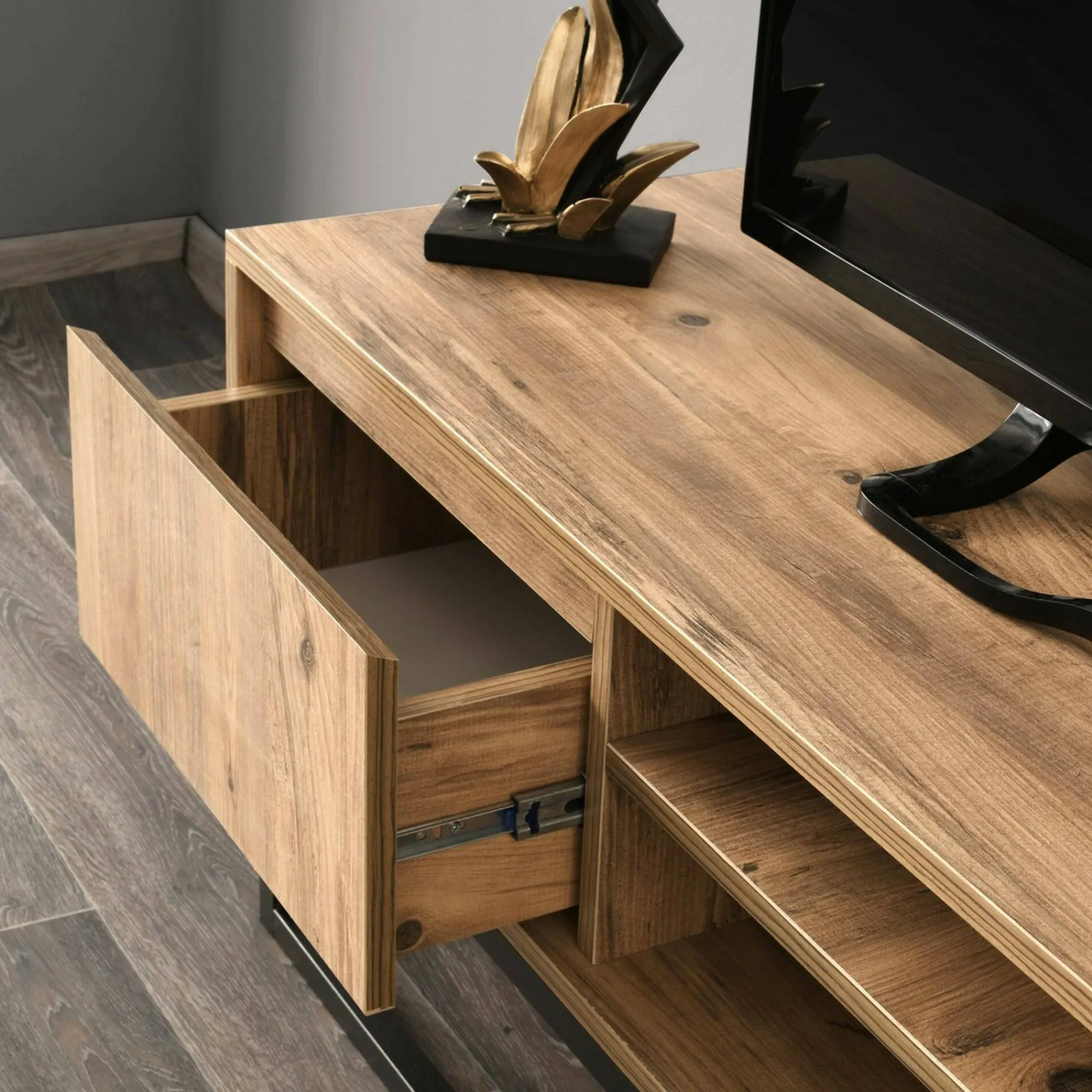 Mobile porta TV Kira, Nero e Quercia, 140x40h50 cm<Dmora Sale