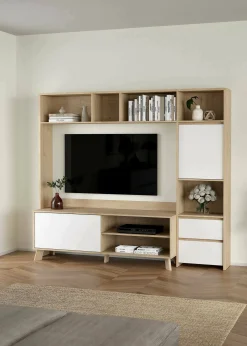 Mobile porta TV Nanette, Credenza da soggiorno, Armadio basso per TV, Base parete attrezzata, 48x209 h183 cm, Rovere e Bianco<Dmora Sale