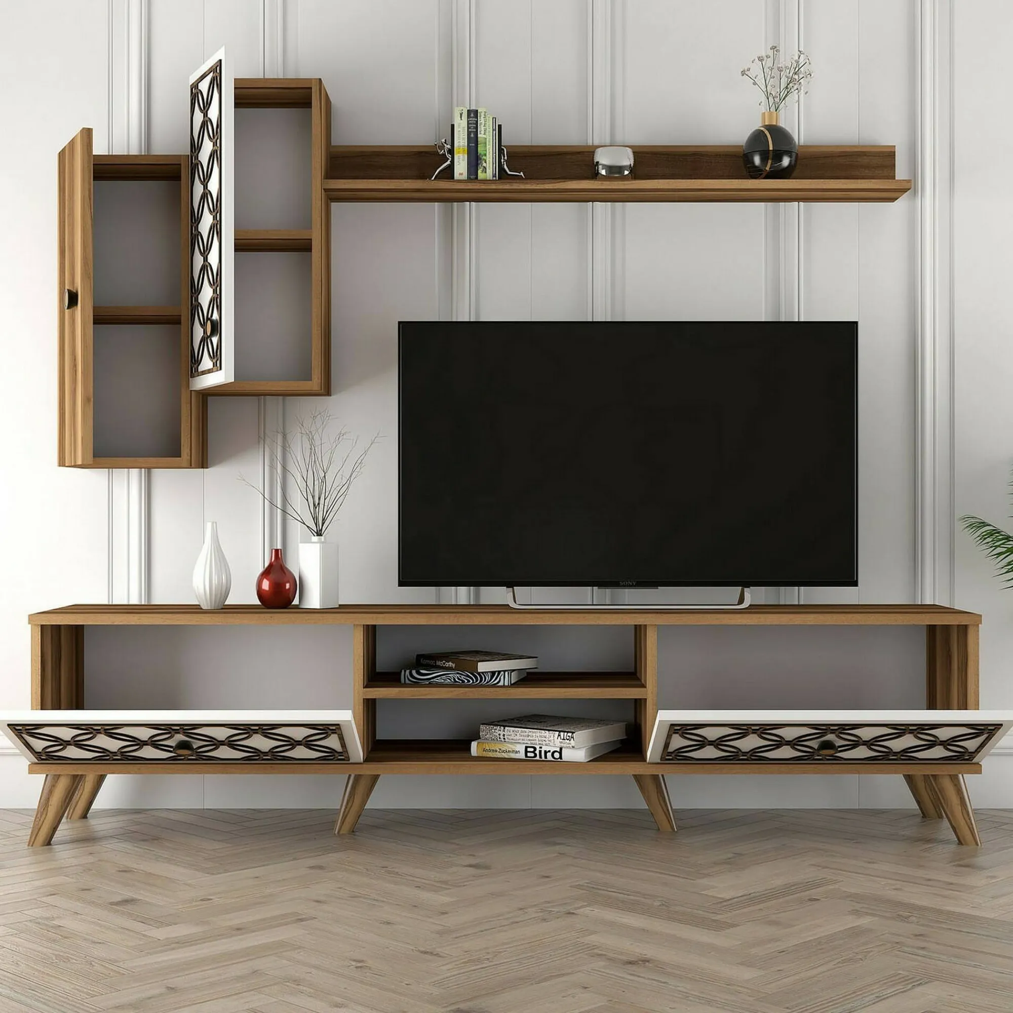 Mobile porta TV Nunzia, 180x35h44 cm, Noce e Bianco<Dmora Hot