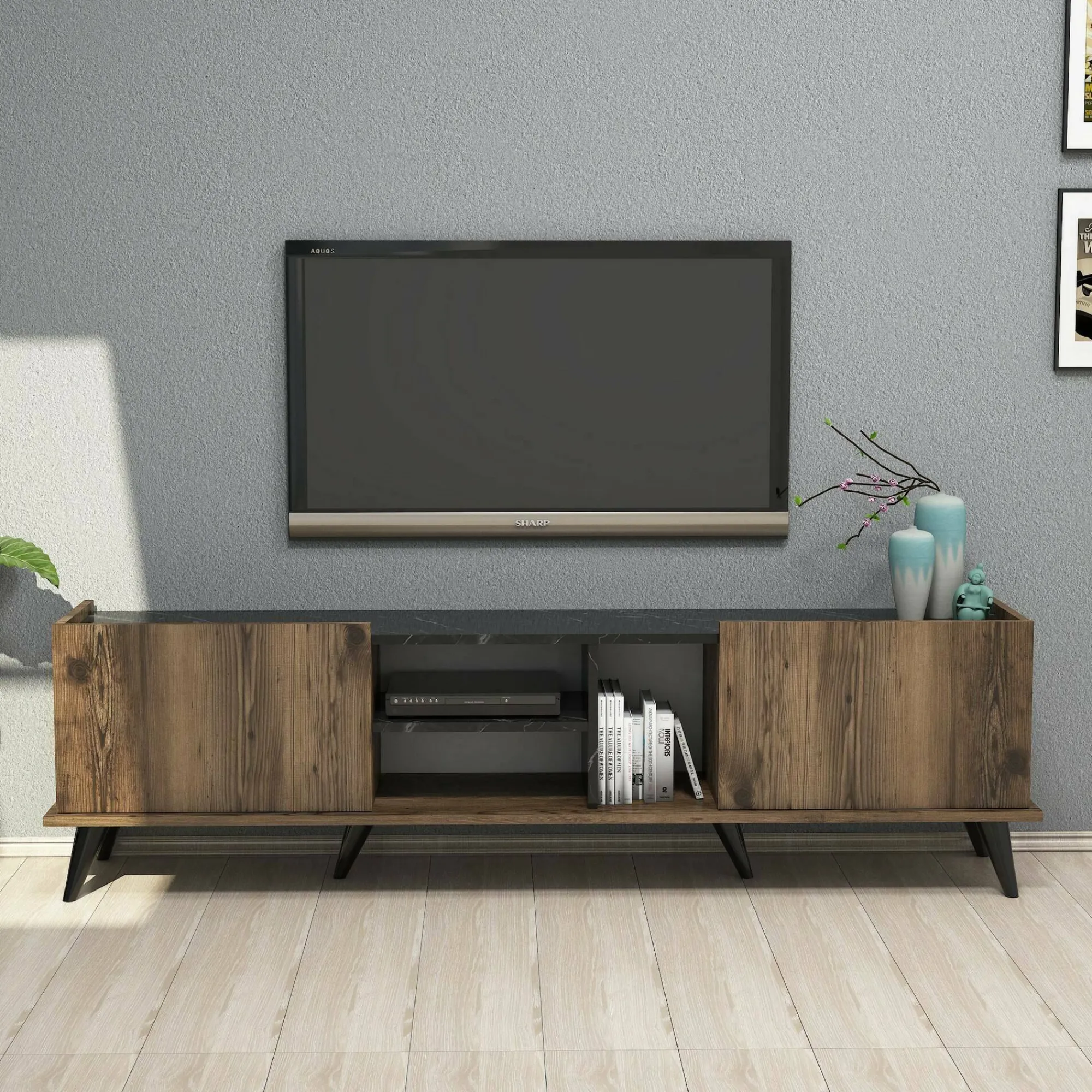 Mobile porta TV Paine, 180x34 h52 cm, Noce e Nero<Dmora Shop