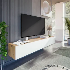 Mobile porta TV Senectus, 180x35h28 cm, Rovere Nodi e Bianco lucido<Dmora Clearance