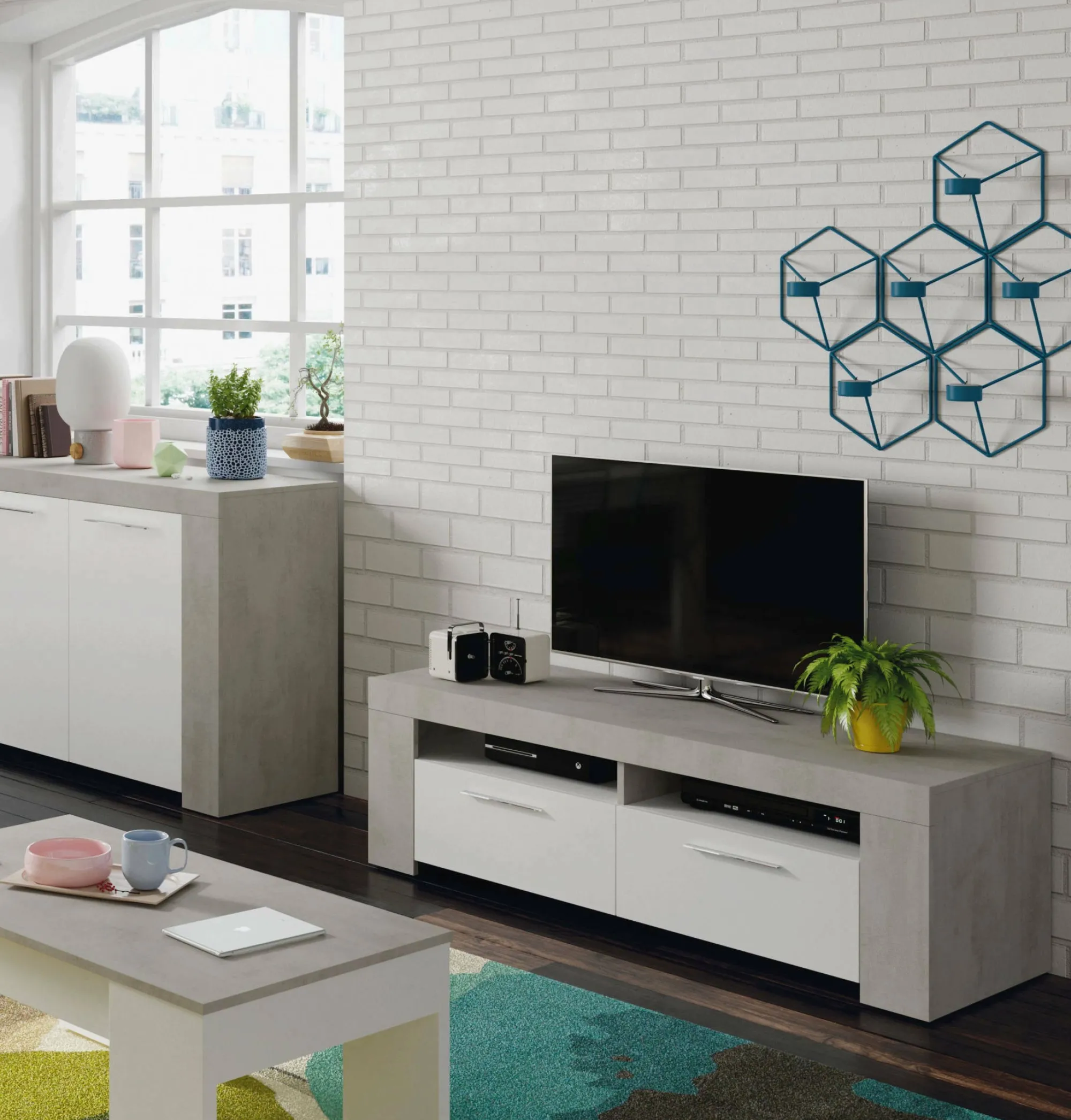 Mobile porta TV Sparaxis, 120x42h40 cm, Bianco e Cemento<Dmora Online