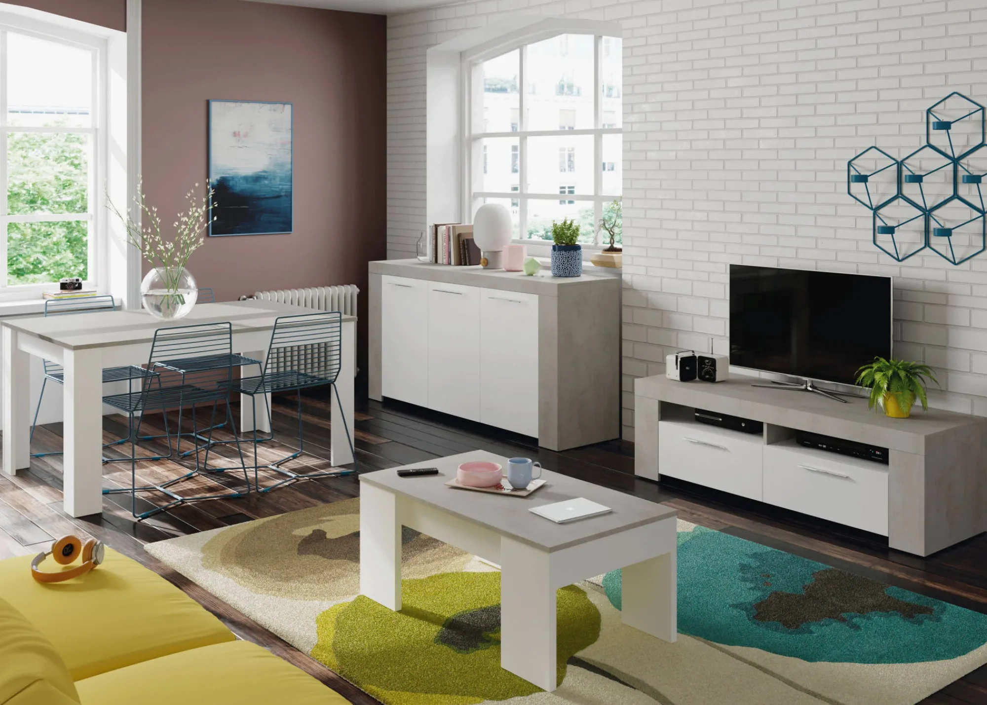Mobile porta TV Sparaxis, 120x42h40 cm, Bianco e Cemento<Dmora Online