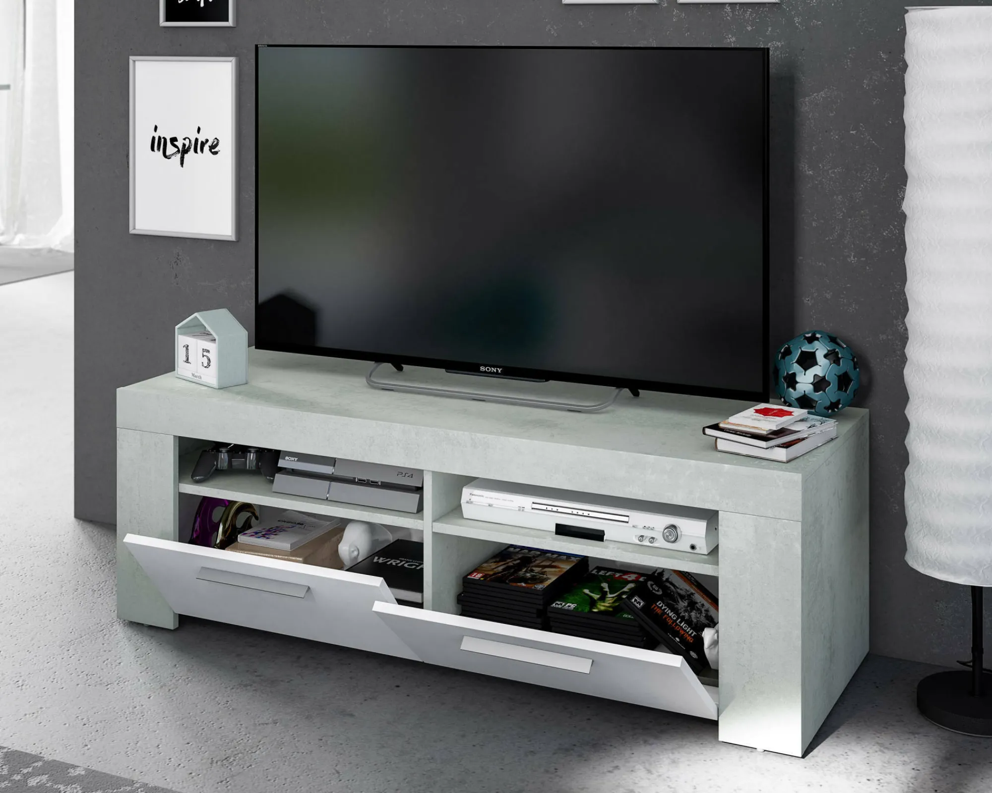 Mobile porta TV Sparaxis, 120x42h40 cm, Bianco e Cemento<Dmora Online