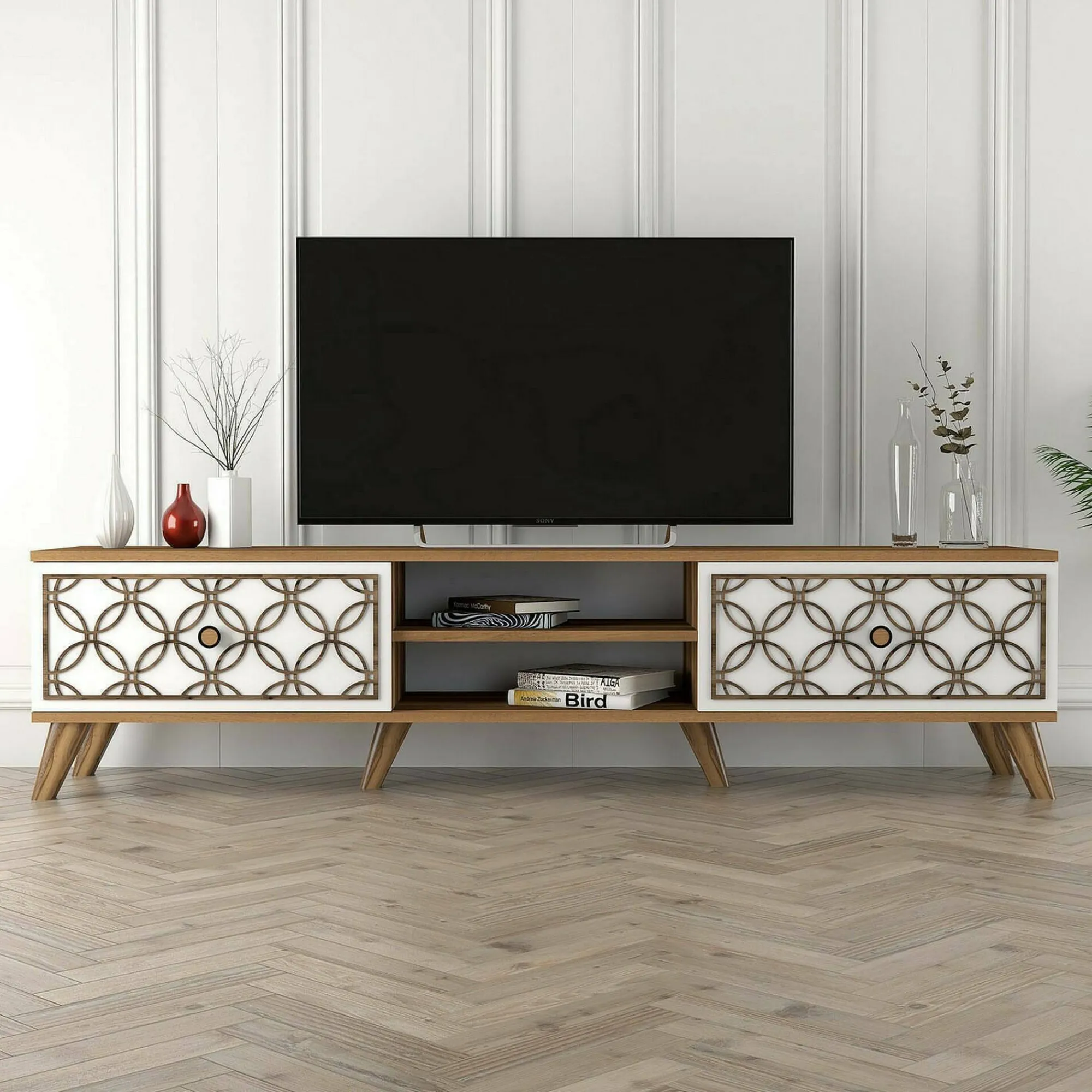 Mobile porta TV Teia, 180x35h44 cm, Noce e Bianco<Dmora Best Sale