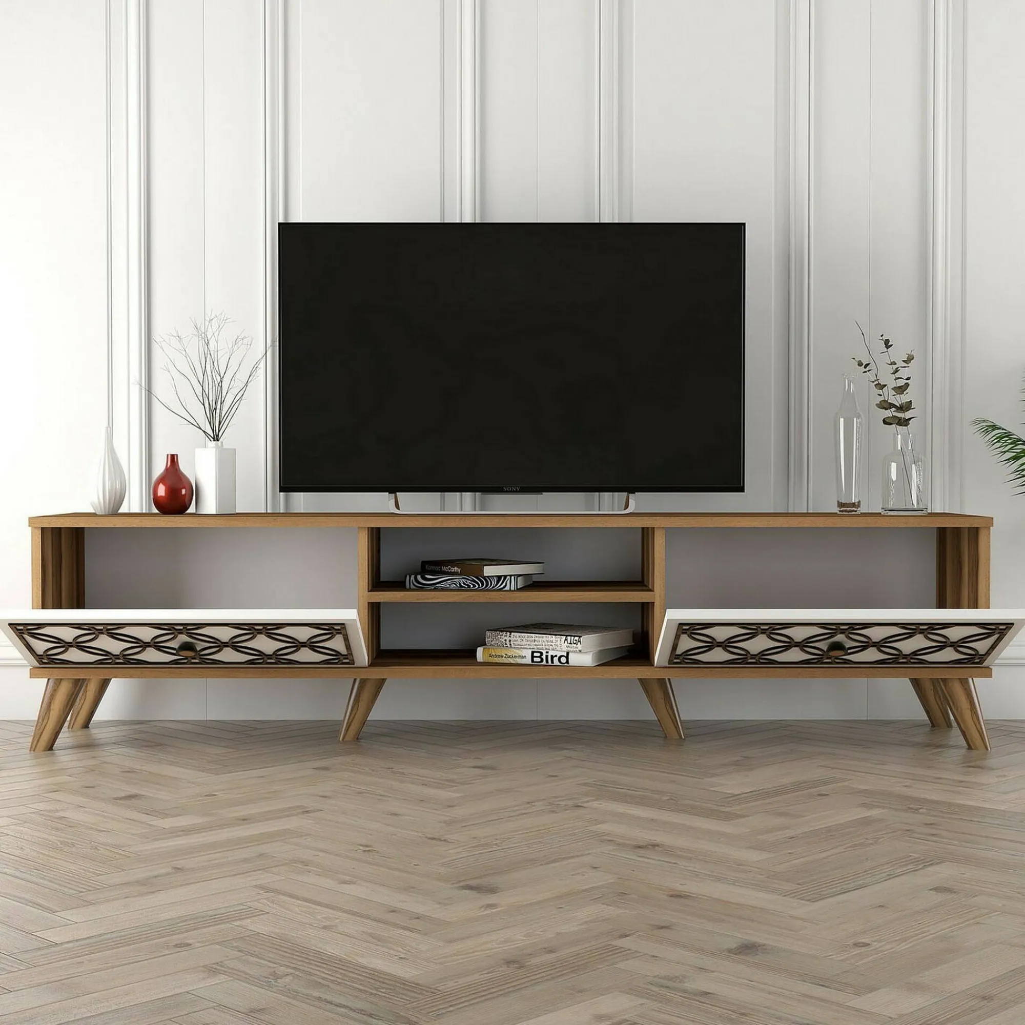 Mobile porta TV Teia, 180x35h44 cm, Noce e Bianco<Dmora Best Sale