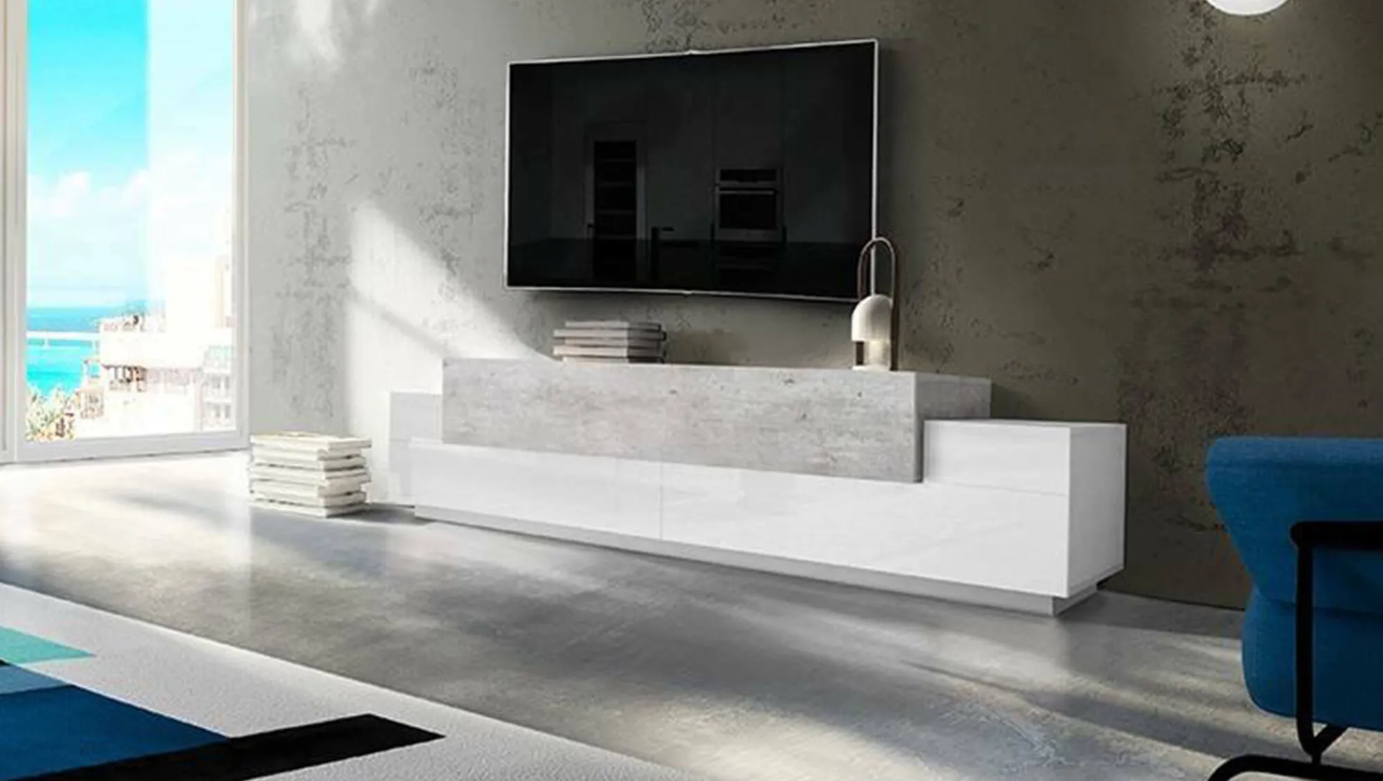 Mobile porta TV Tiche, cm 240x45h52, Bianco lucido e Cemento<Dmora Cheap