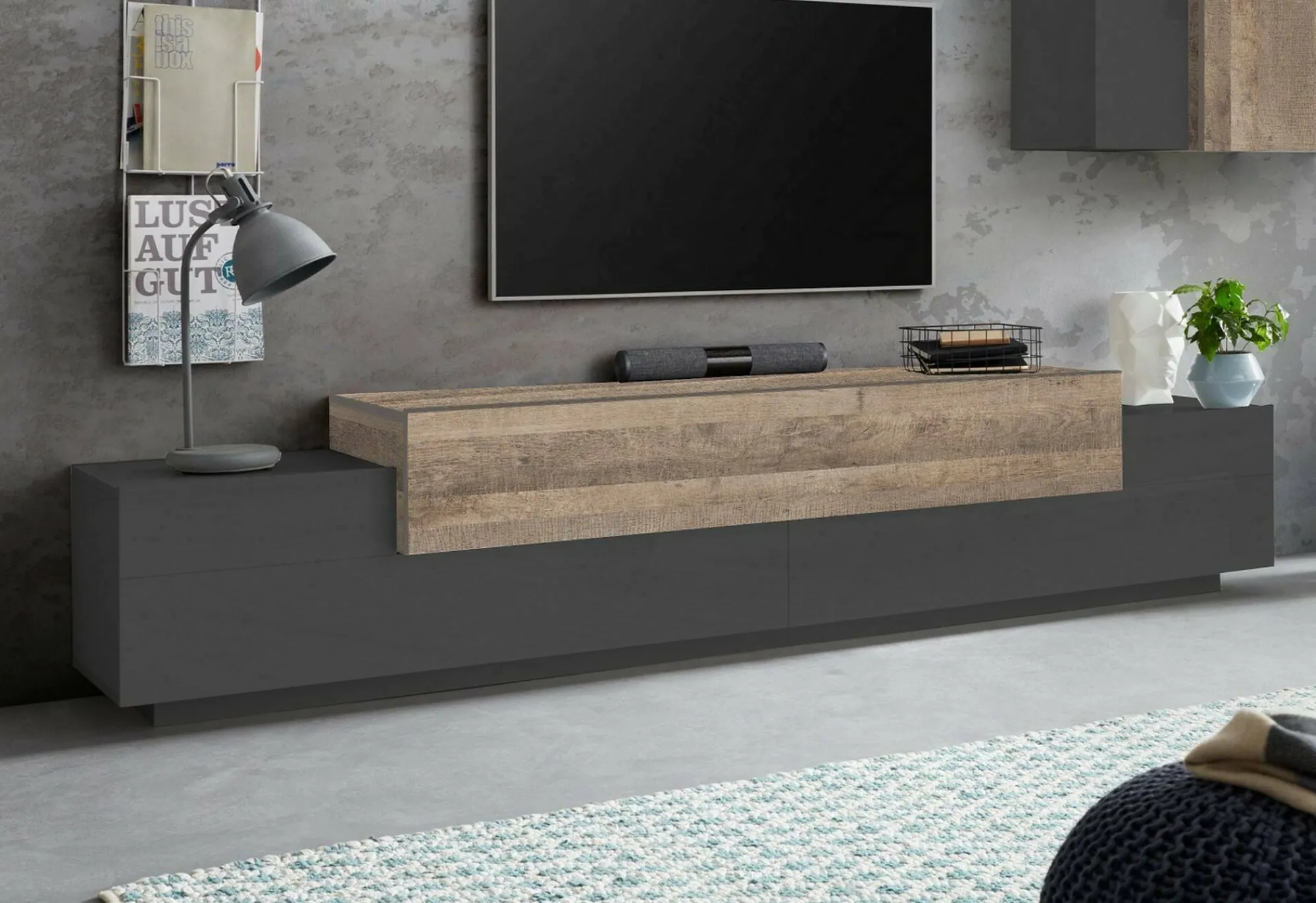 Mobile porta TV Tiche, cm 240x45h52, Antracite e Acero<Dmora Best