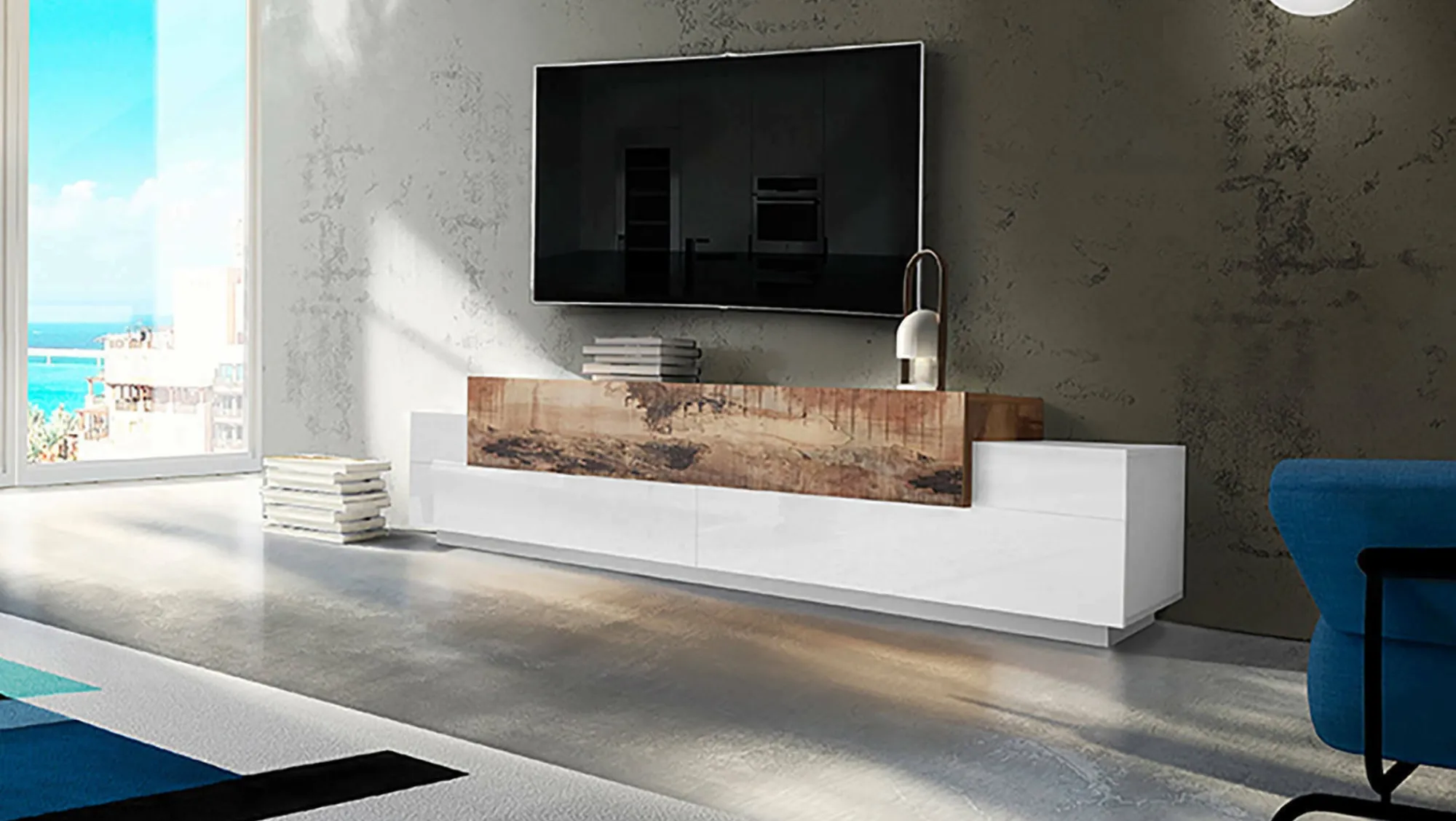Mobile porta TV Tiche, cm 240x45h52, Bianco lucido e Acero<Dmora Outlet