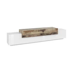 Mobile porta TV Tiche, cm 240x45h52, Bianco lucido e Acero<Dmora Outlet