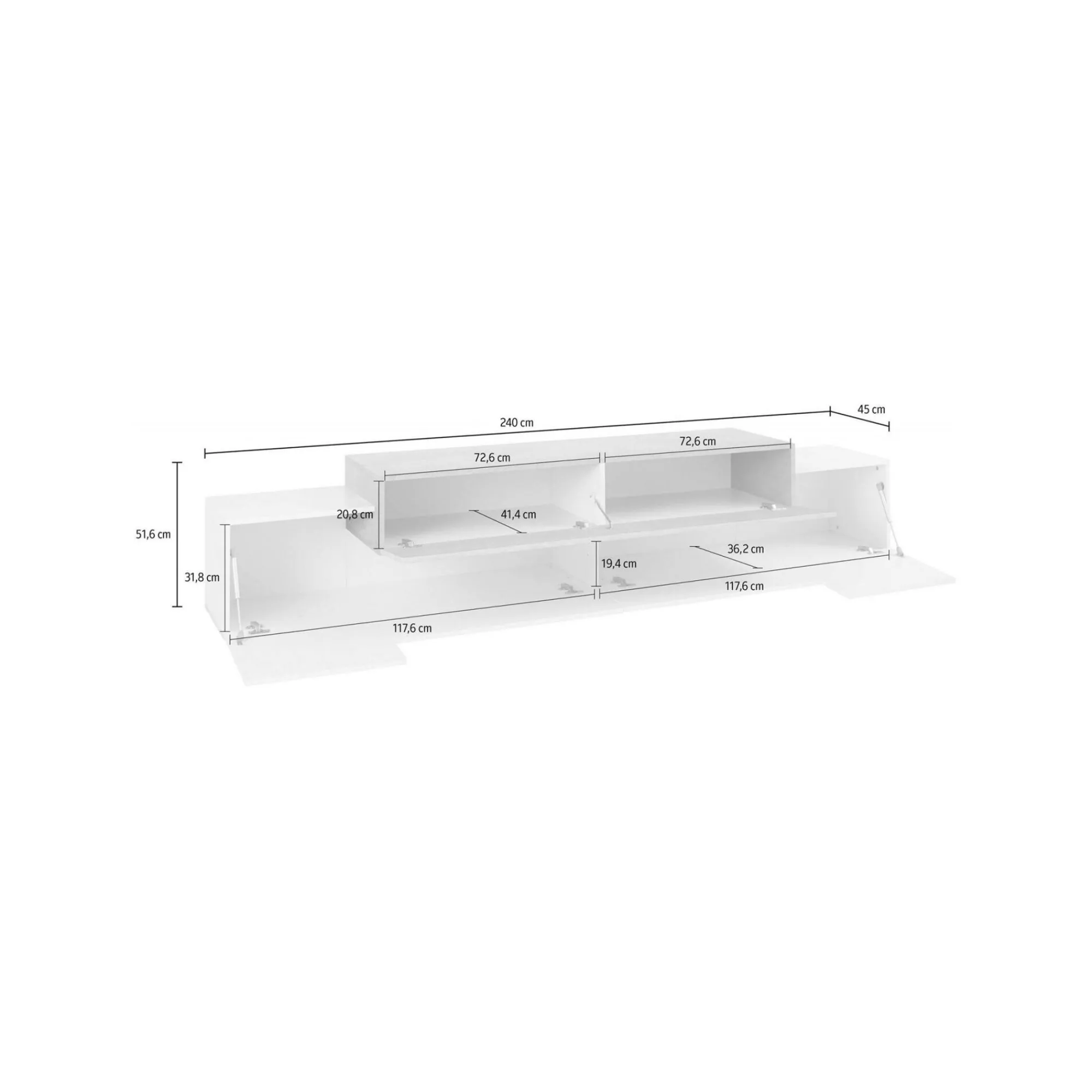 Mobile porta TV Tiche, cm 240x45h52, Bianco lucido e Cemento<Dmora Cheap