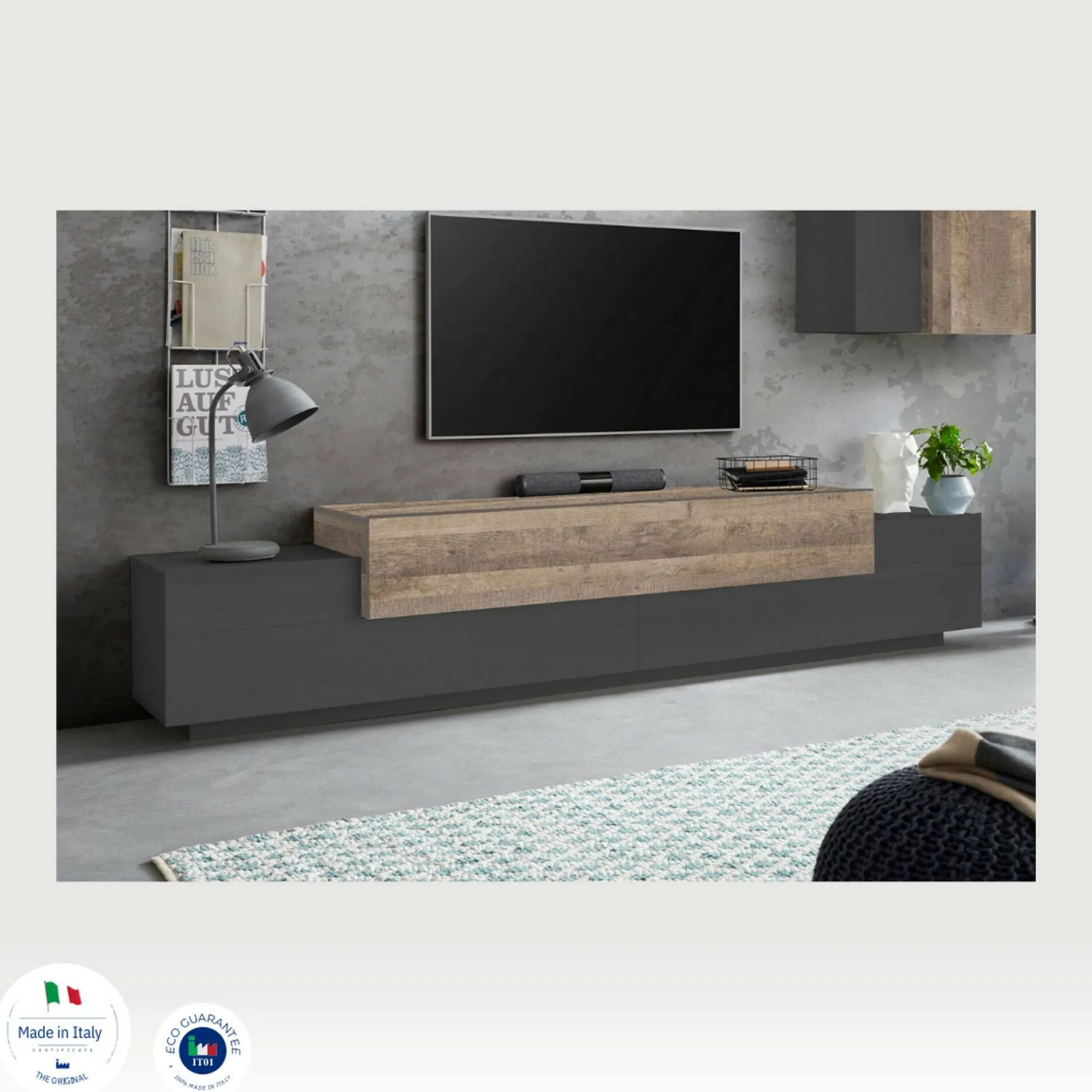 Mobile porta TV Tiche, cm 240x45h52, Antracite e Acero<Dmora Best