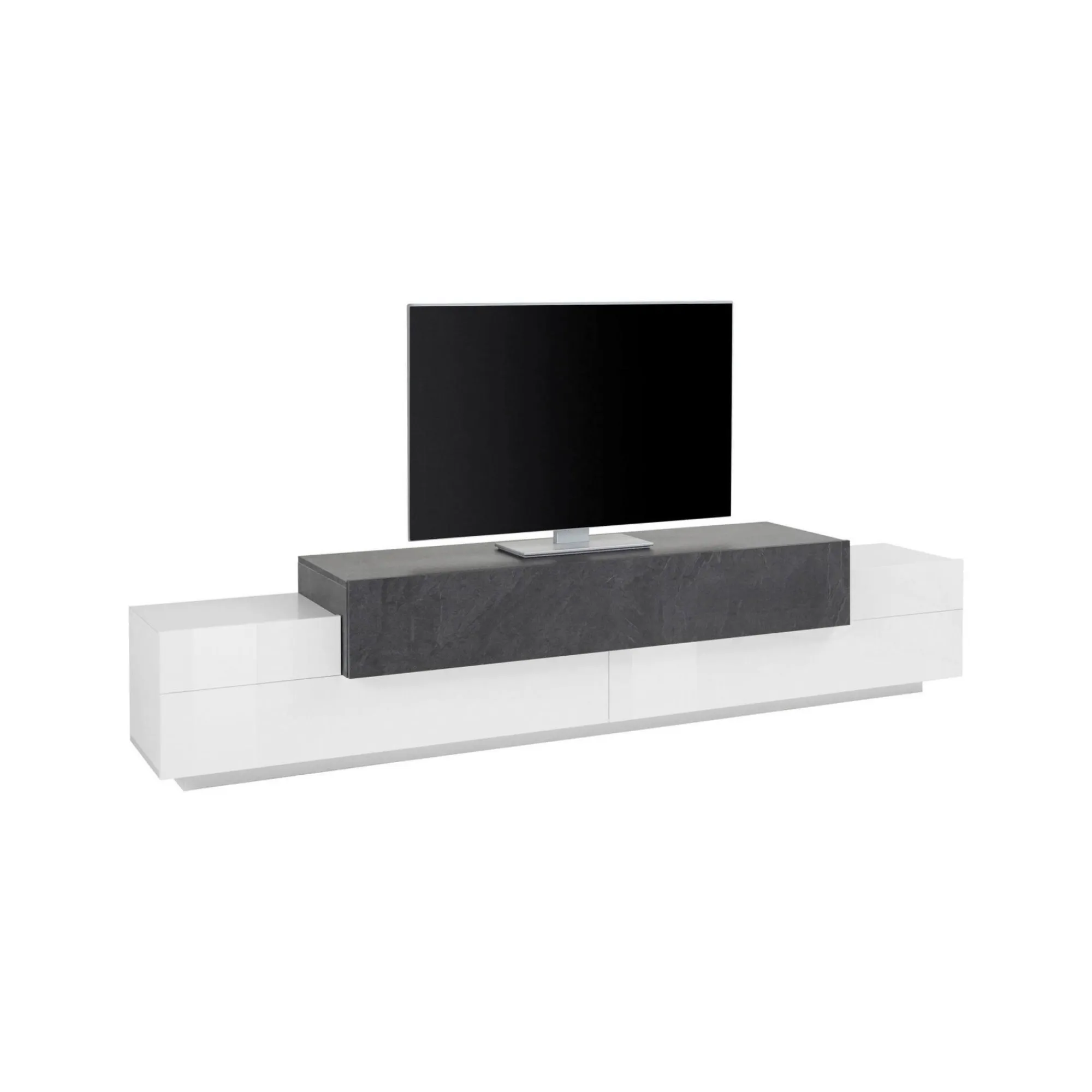 Mobile porta TV Tiche, cm 240x45h52, Bianco lucido e Ardesia<Dmora Best
