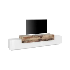 Mobile porta TV Tiche, cm 240x45h52, Bianco lucido e Acero<Dmora Outlet