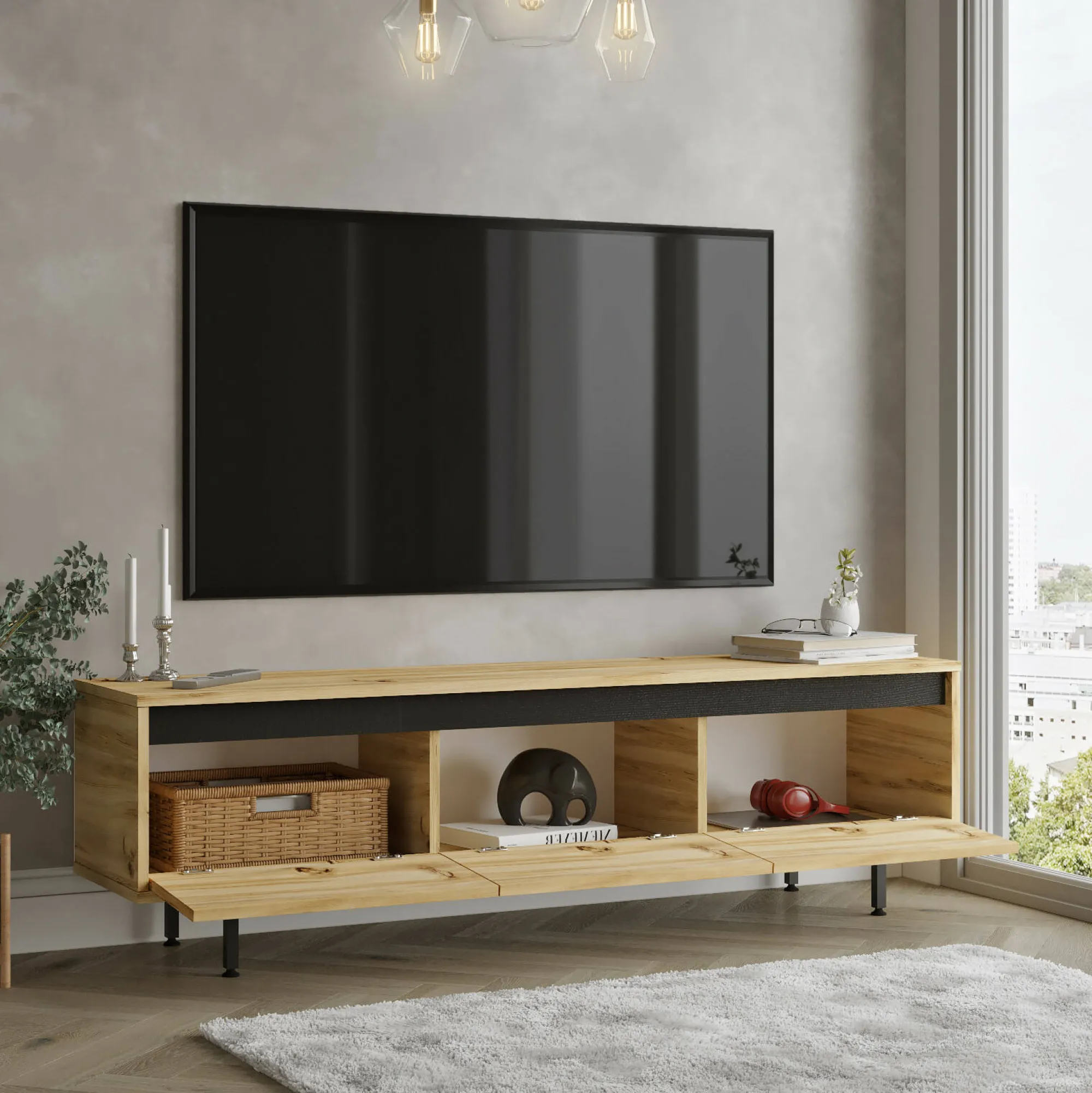 Mobile porta TV Titli, 160x36 h45 cm, Quercia e Nero<Dmora Online