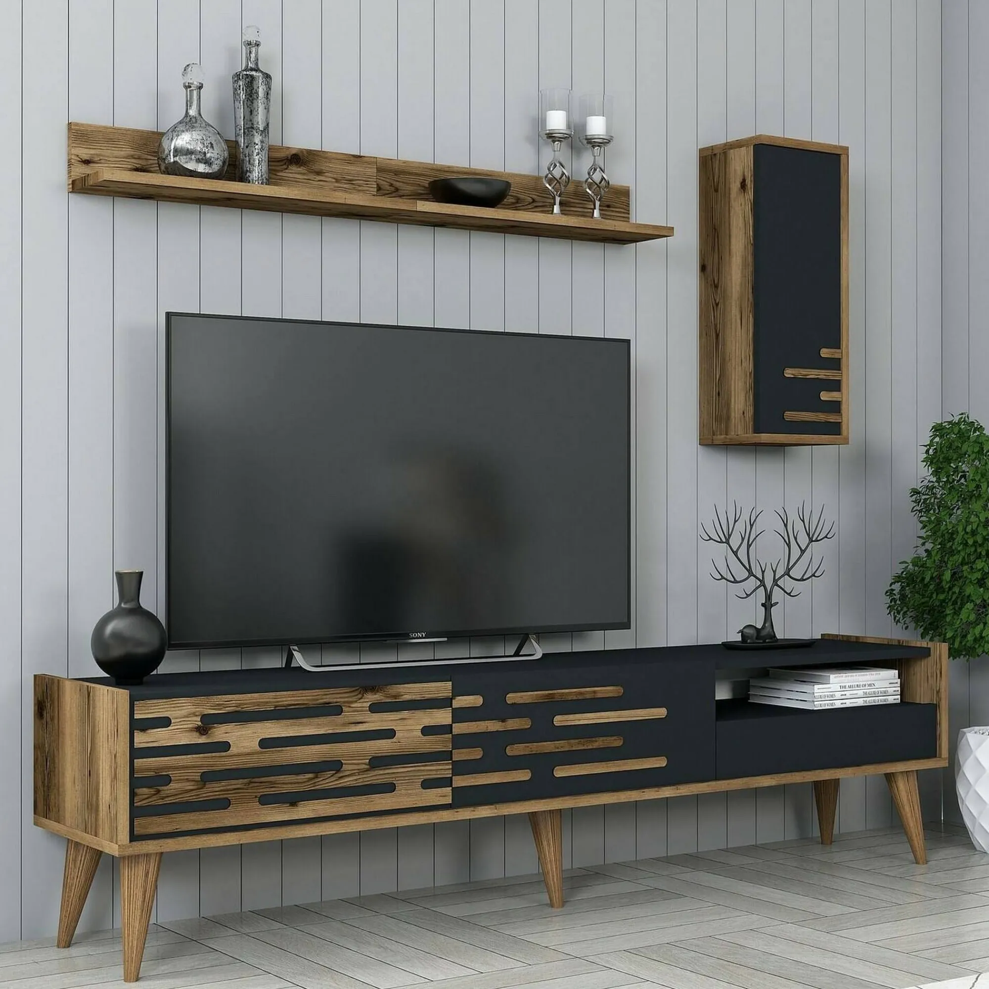 Mobile porta TV Upana, 180x45h35 cm, Antracite e Noce<Dmora Discount