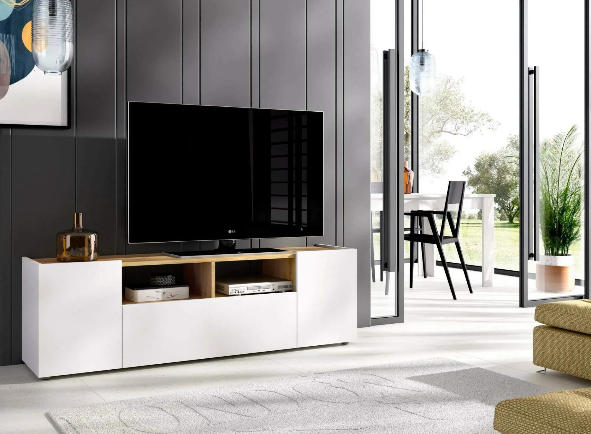 Mobile porta TV Vulcano, 142x35h44 cm, Bianco e Rovere Nodi<Dmora Hot