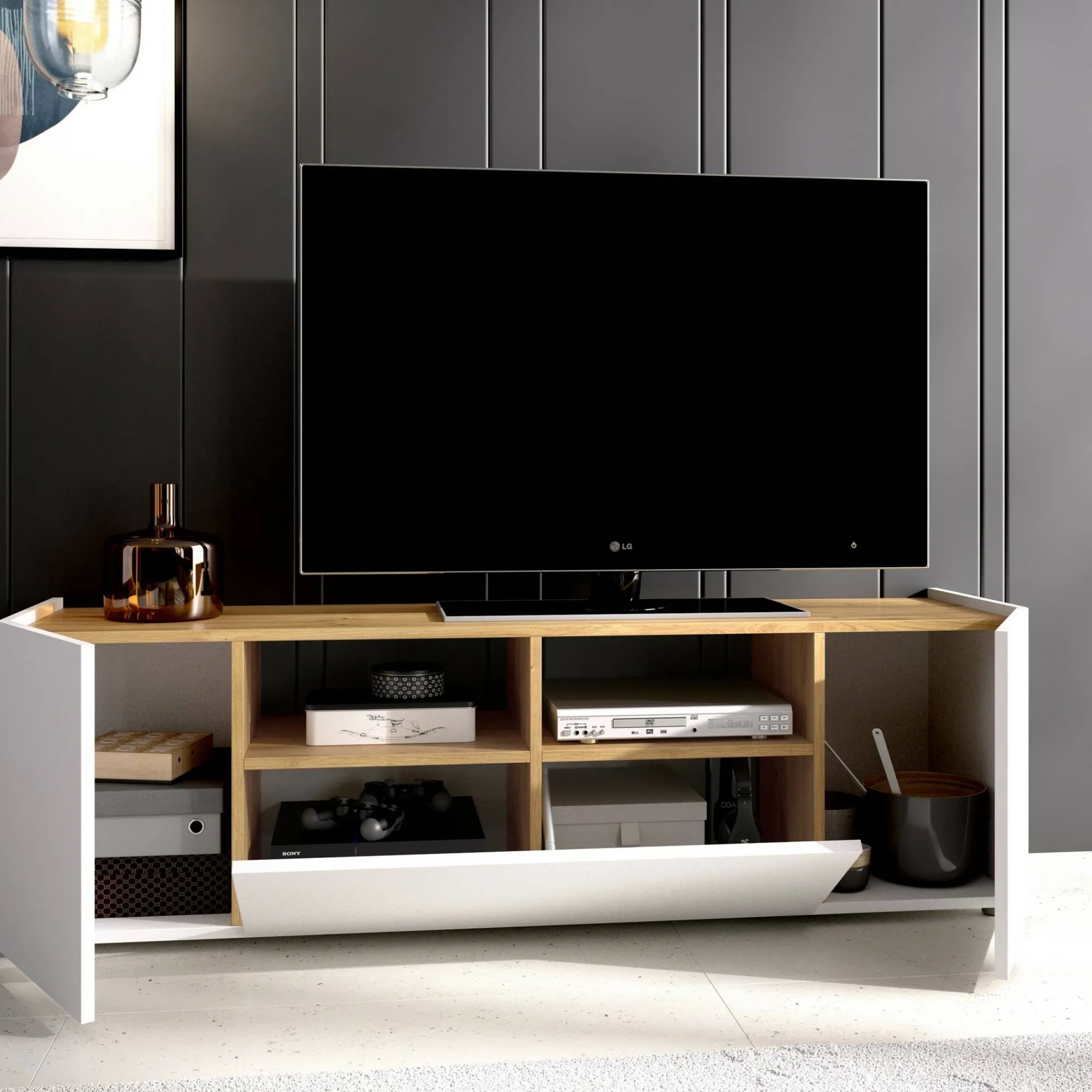 Mobile porta TV Vulcano, 142x35h44 cm, Bianco e Rovere Nodi<Dmora Hot