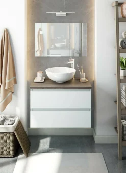 Mobile sottolavabo Alakdan, 79x46 h53 cm, Bianco lucido e Olmo<Dmora Outlet