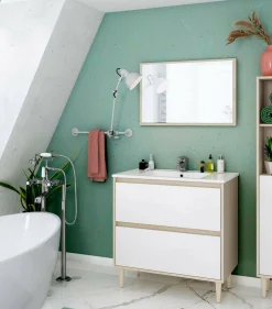 Mobile sottolavabo Berillo, 80x45h80 cm, Bianco lucido e Rovere<Dmora Shop