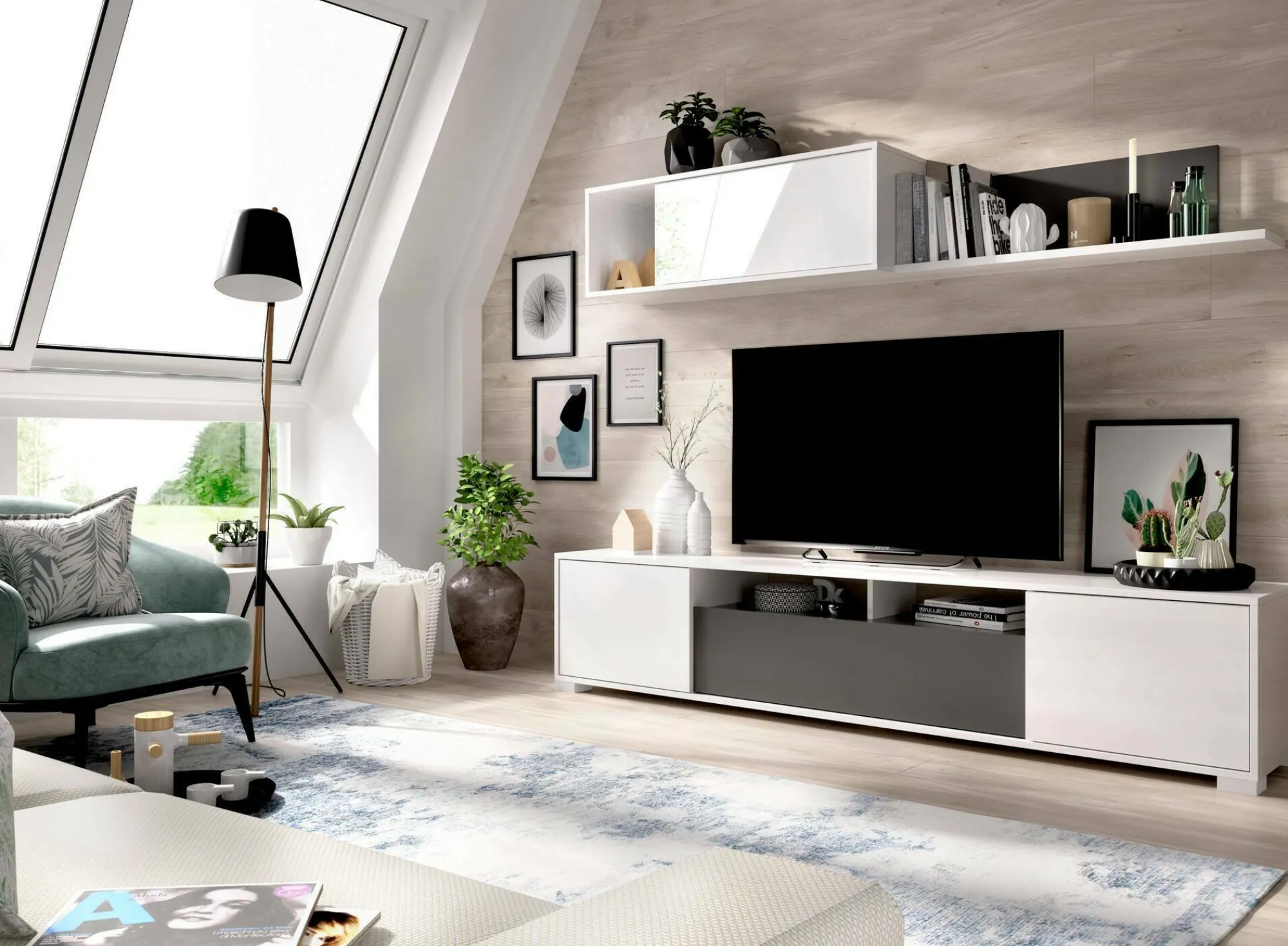Parete attrezzata Abbete, 200x41h180 cm, Bianco e Antracite<Dmora New