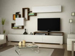 Parete attrezzata Acquifero, 210x37h47 cm, Bianco e Noce<Dmora Sale