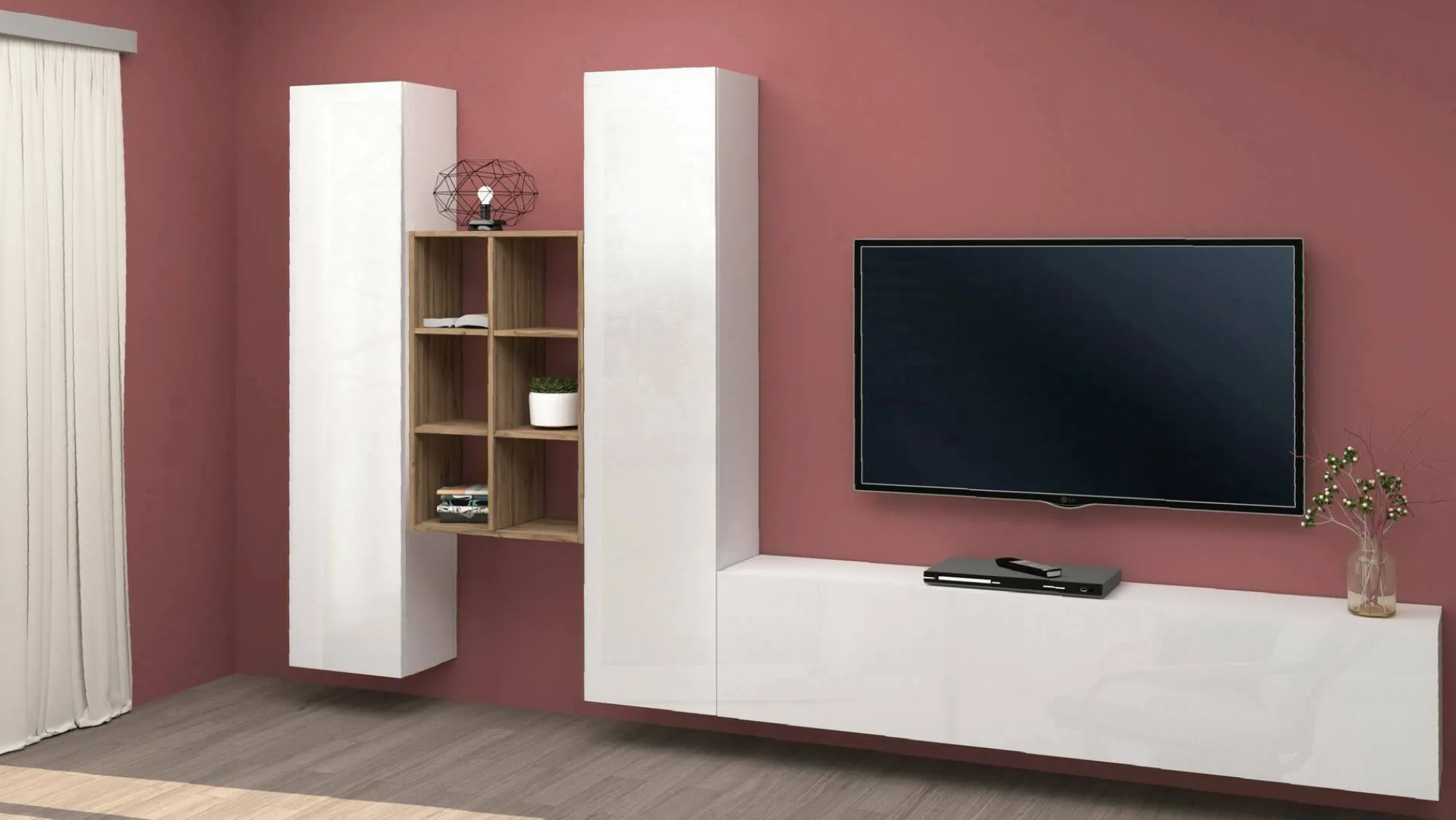 Parete attrezzata Acuto, cm 320x30h180, Bianco lucido e Acero<Dmora Outlet