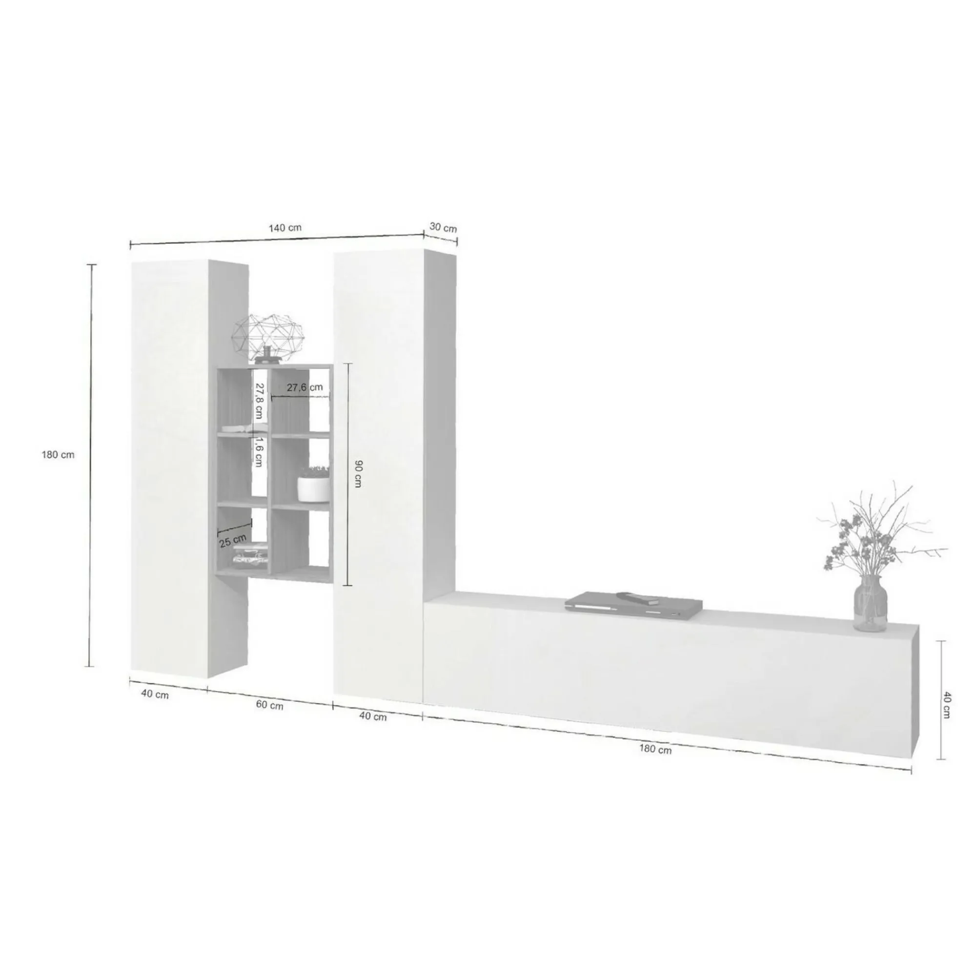 Parete attrezzata Acuto, cm 320x30h180, Bianco lucido e Acero<Dmora Outlet