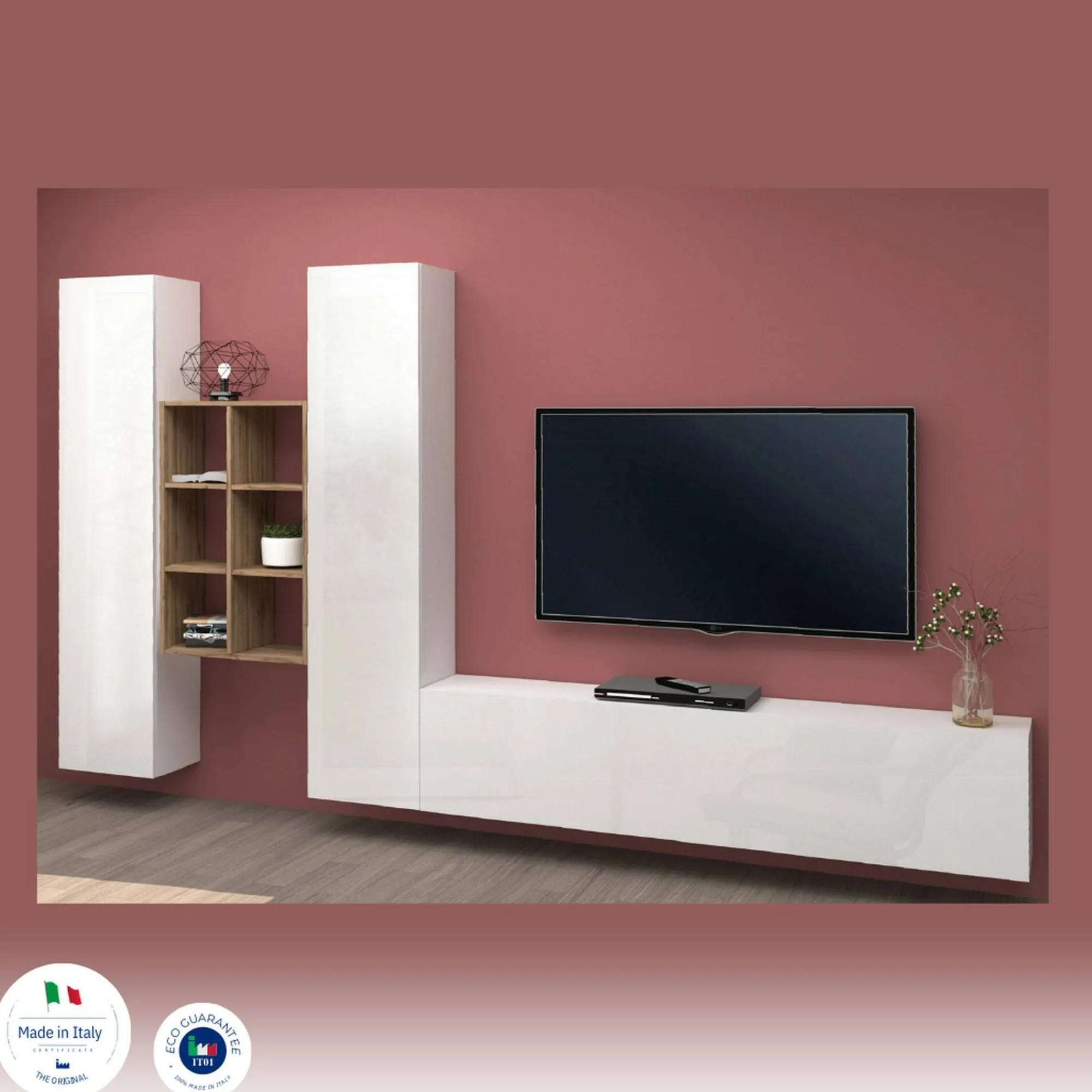 Parete attrezzata Acuto, cm 320x30h180, Bianco lucido e Acero<Dmora Outlet