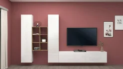 Parete attrezzata Acuto, cm 320x30h180, Bianco lucido e Acero<Dmora Outlet