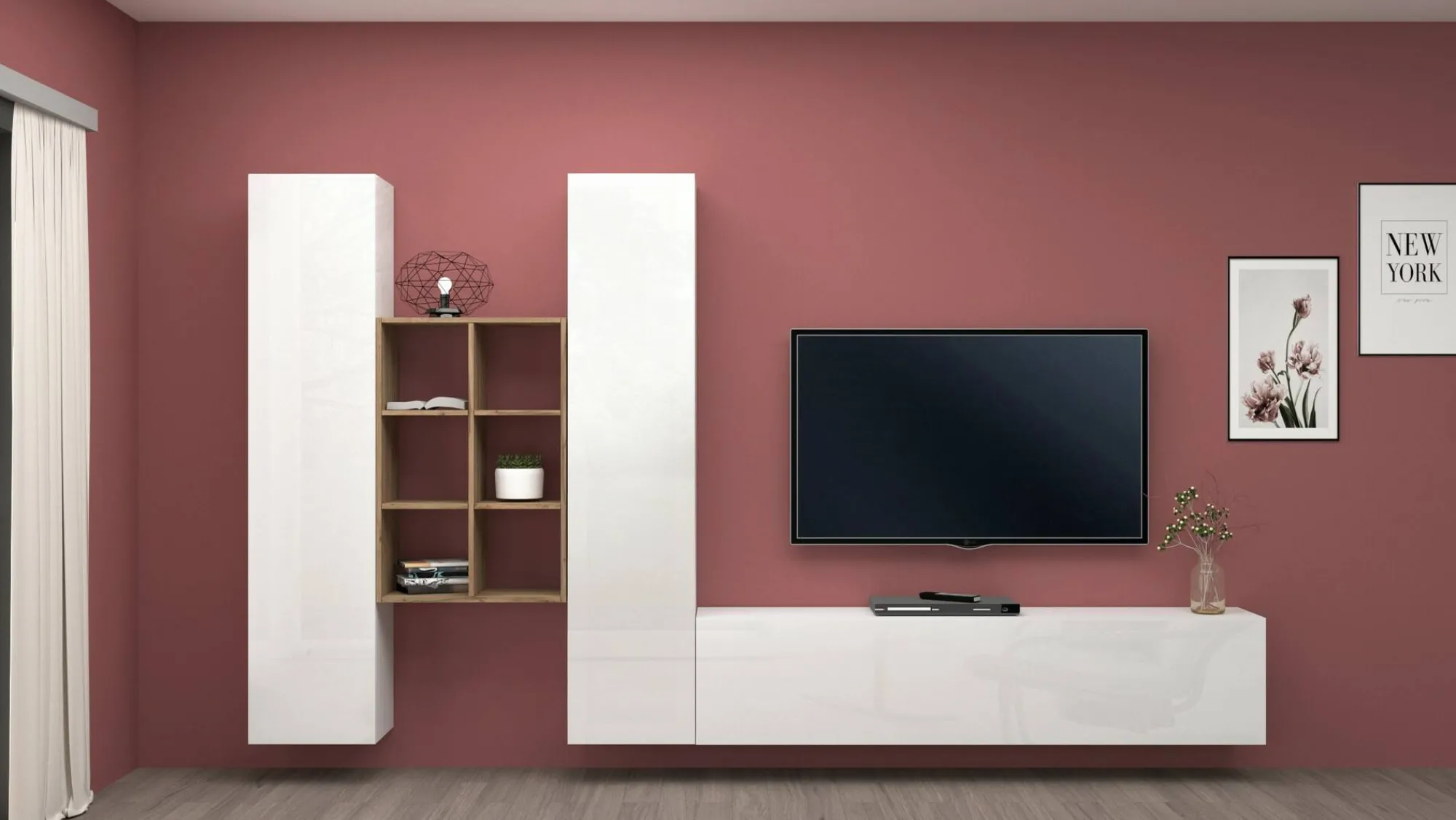 Parete attrezzata Acuto, cm 320x30h180, Bianco lucido e Acero<Dmora Outlet