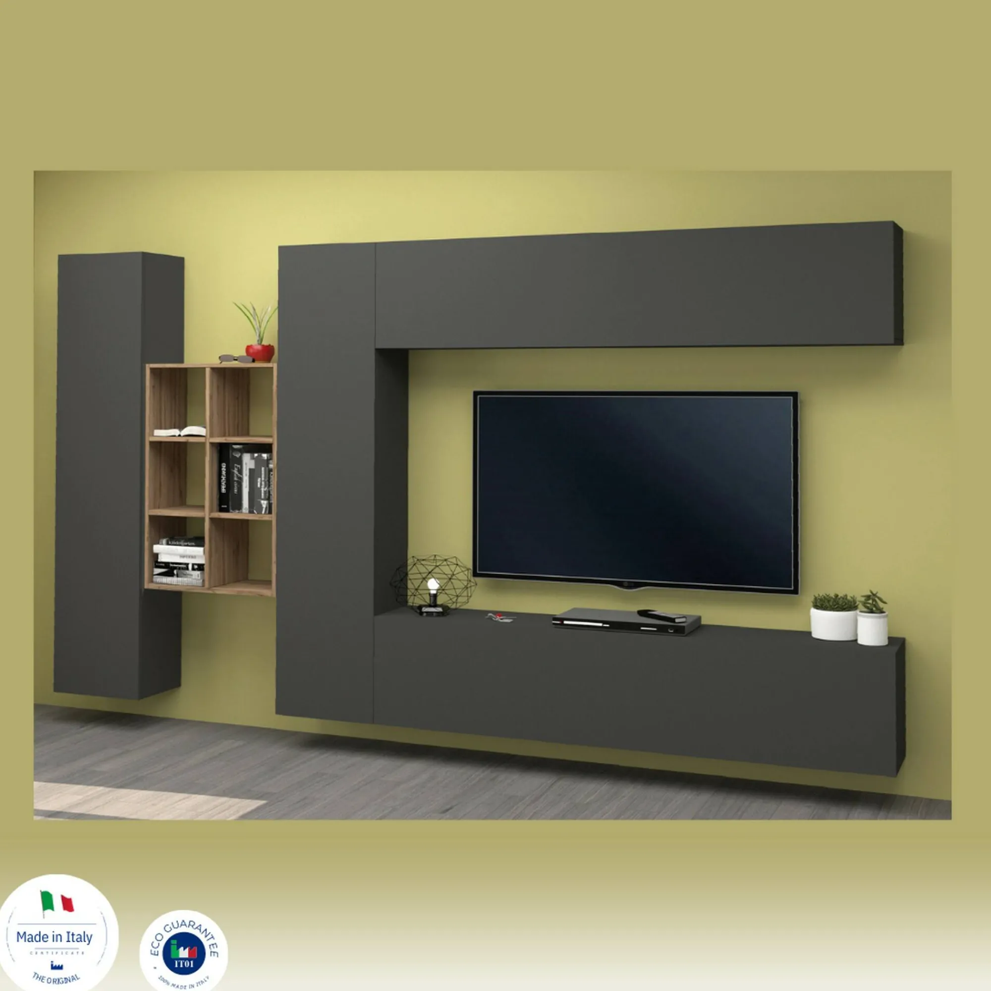 Parete attrezzata Agna, cm 280x30h180, Antracite e Acero<Dmora Best