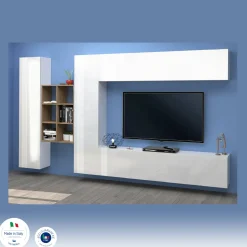 Parete attrezzata Agna, cm 280x30h180, Bianco lucido e Acero<Dmora Best Sale