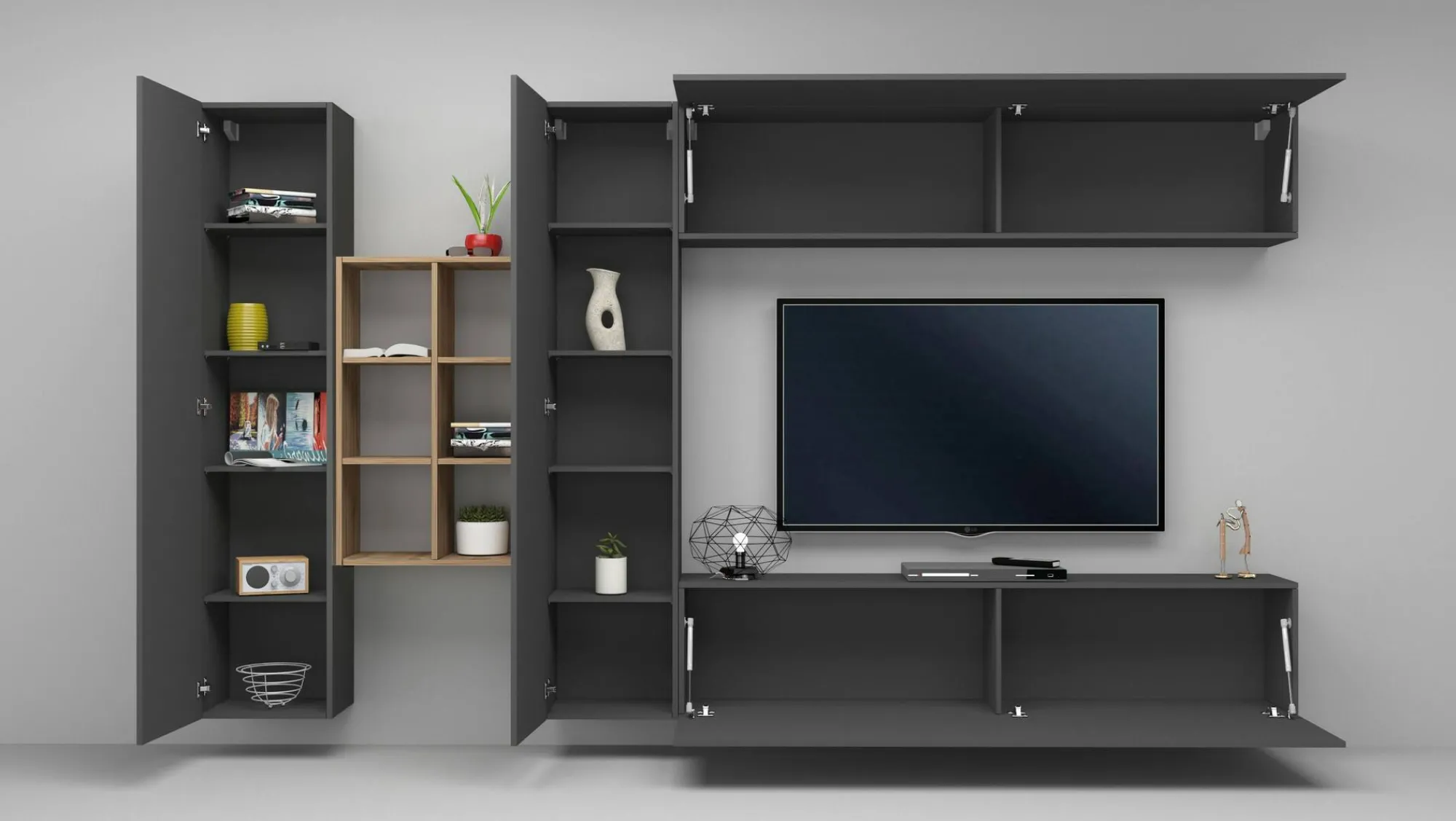 Parete attrezzata Agna, cm 280x30h180, Antracite e Acero<Dmora Best