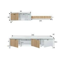 Parete attrezzata Ailano, 200x40 h47 cm, Bianco e Rovere<Dmora Store