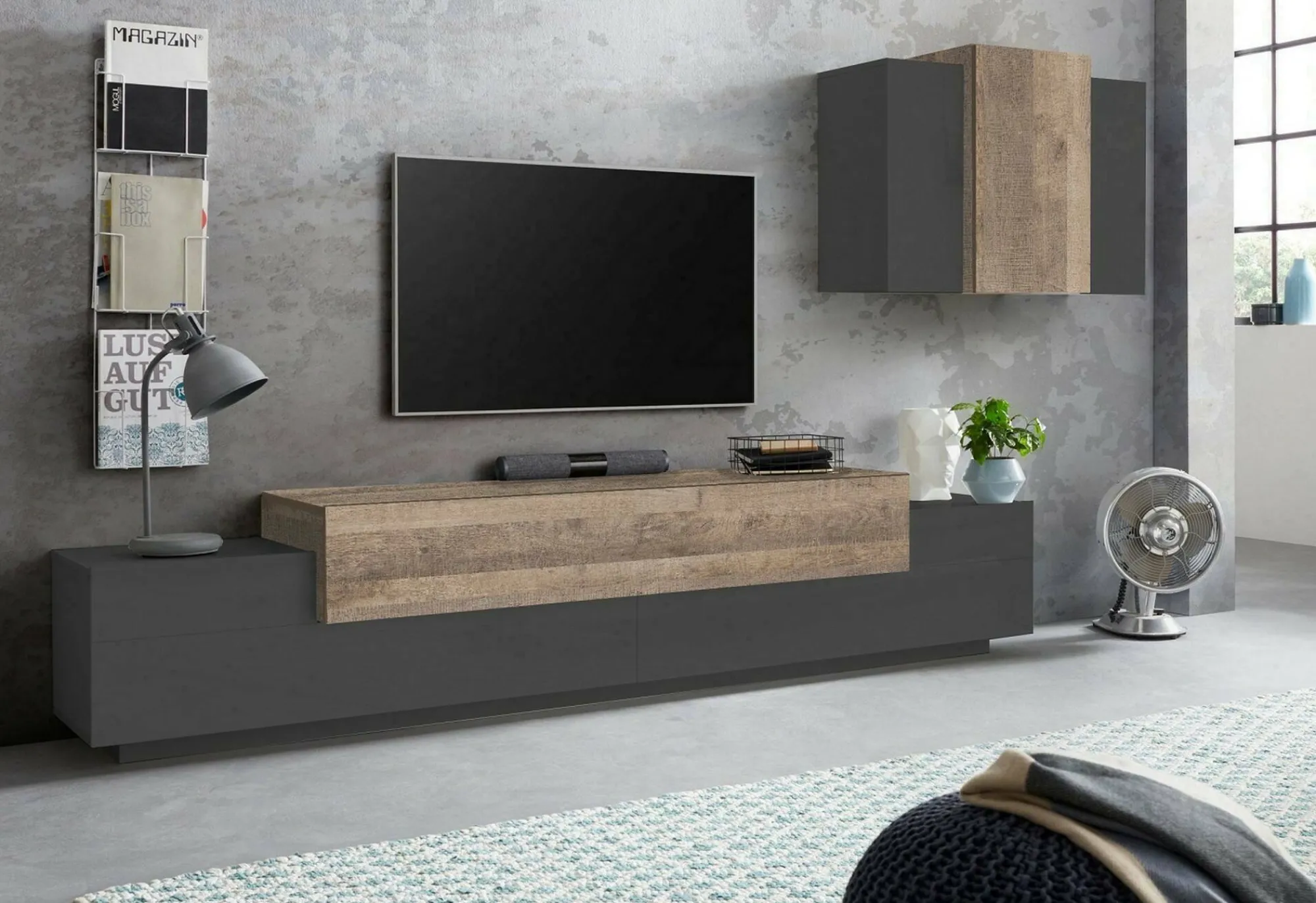 Parete attrezzata Alaskino, cm 240x45h180, Antracite e Acero<Dmora Best Sale