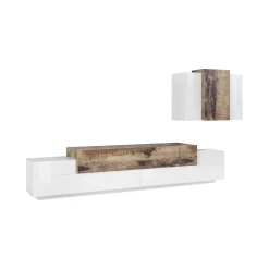 Parete attrezzata Alaskino, cm 240x45h180, Bianco lucido e Acero<Dmora Best Sale