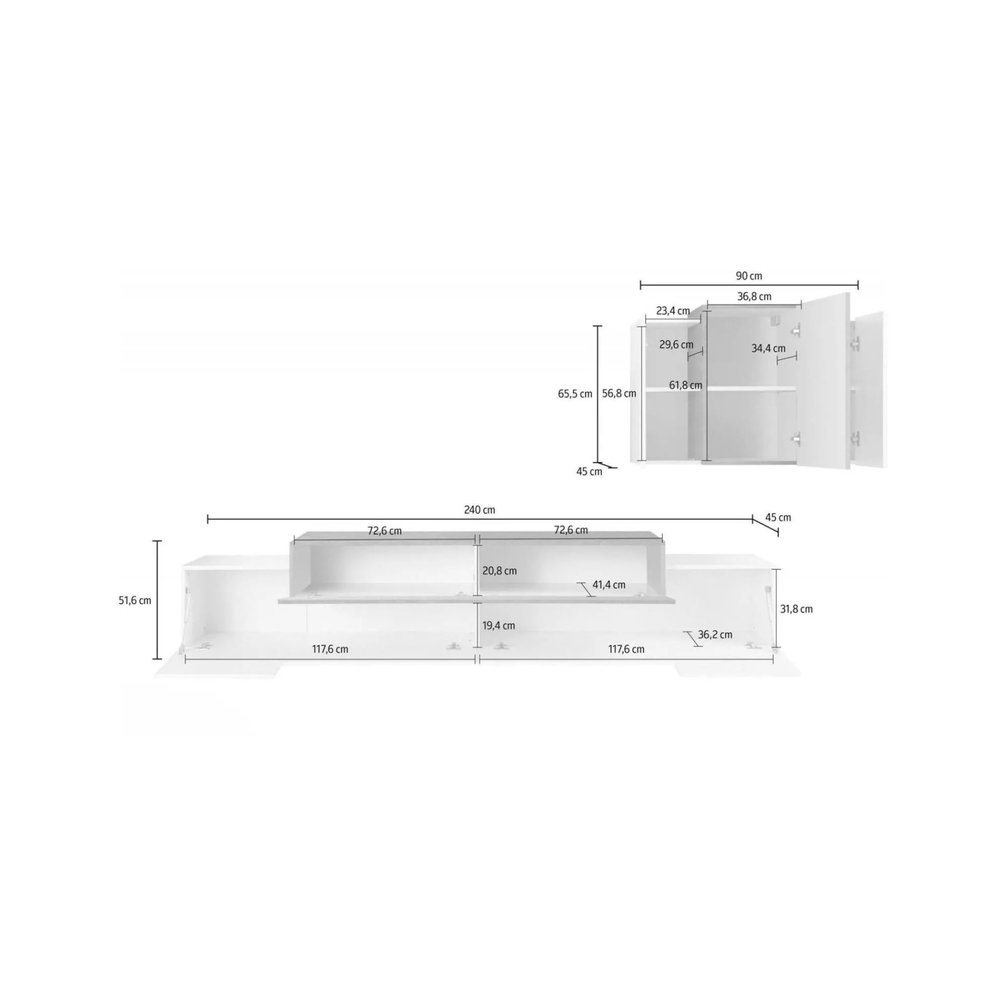 Parete attrezzata Alaskino, cm 240x45h180, Bianco lucido e Acero<Dmora Best Sale