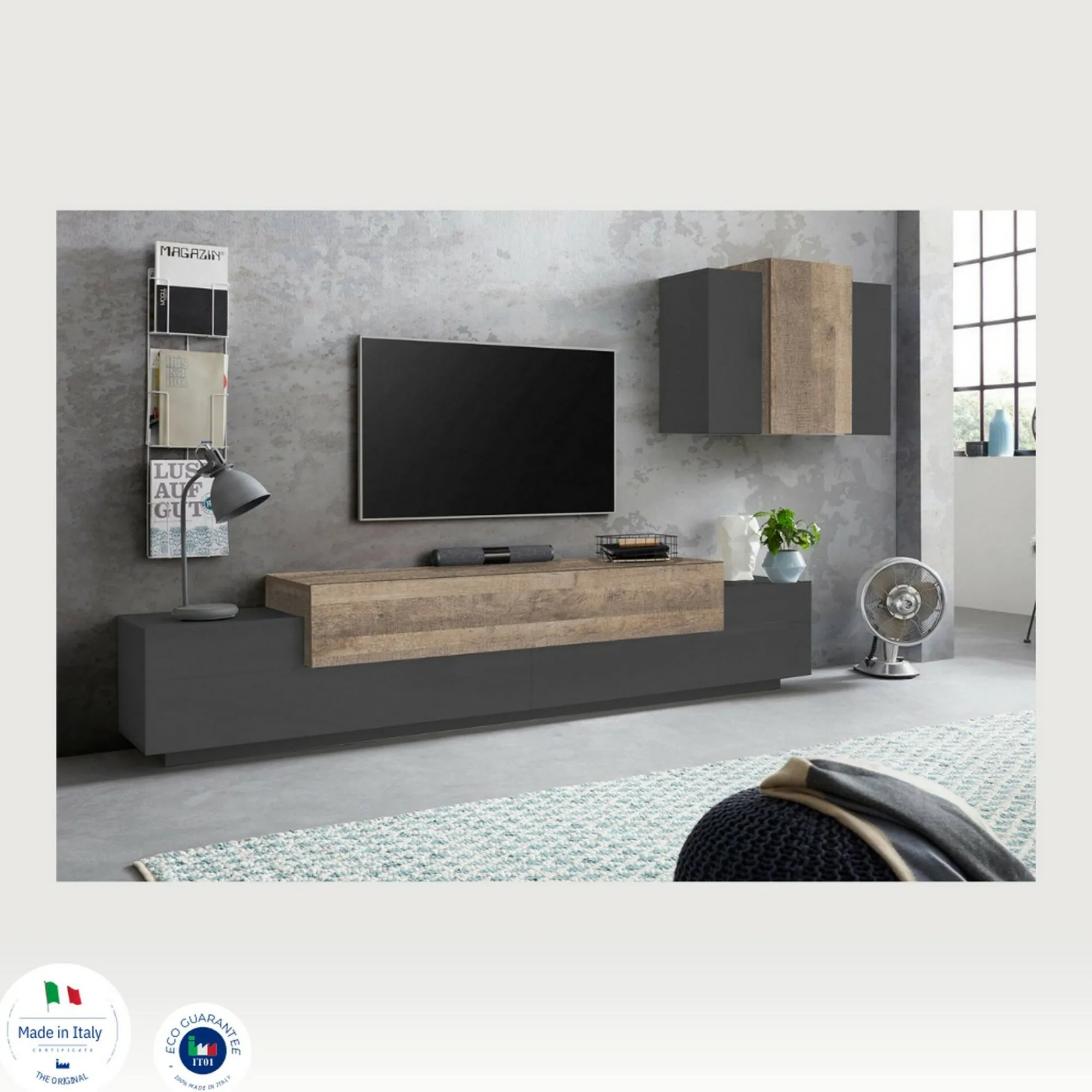 Parete attrezzata Alaskino, cm 240x45h180, Antracite e Acero<Dmora Best Sale