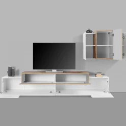 Parete attrezzata Alaskino, cm 240x45h180, Bianco lucido e Acero<Dmora Best Sale