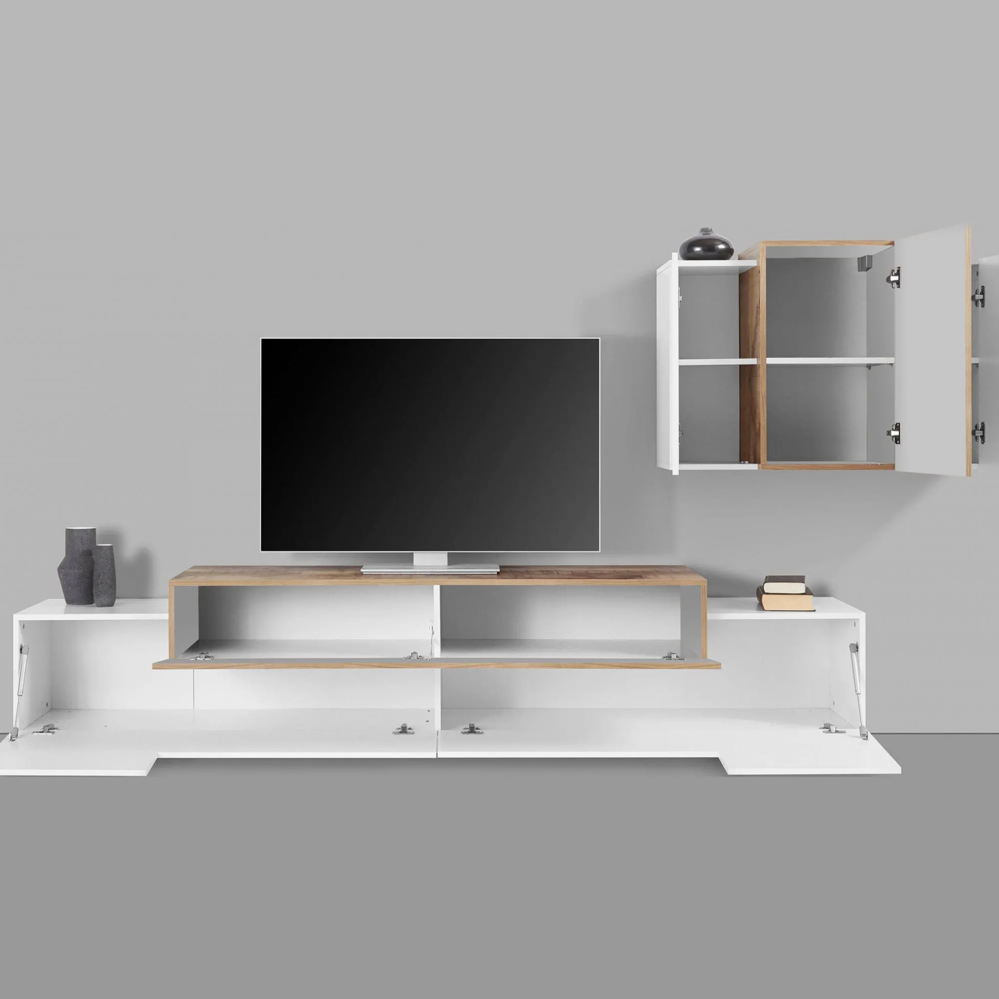 Parete attrezzata Alaskino, cm 240x45h180, Bianco lucido e Acero<Dmora Best Sale