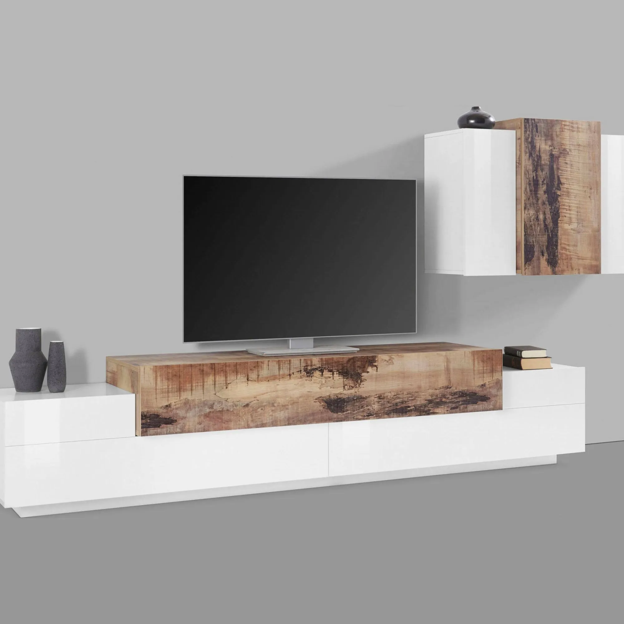 Parete attrezzata Alaskino, cm 240x45h180, Bianco lucido e Acero<Dmora Best Sale