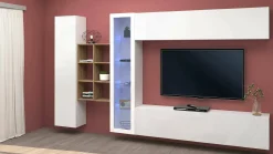 Parete attrezzata Alessano, cm 280x30h180, Bianco lucido e Acero<Dmora Cheap