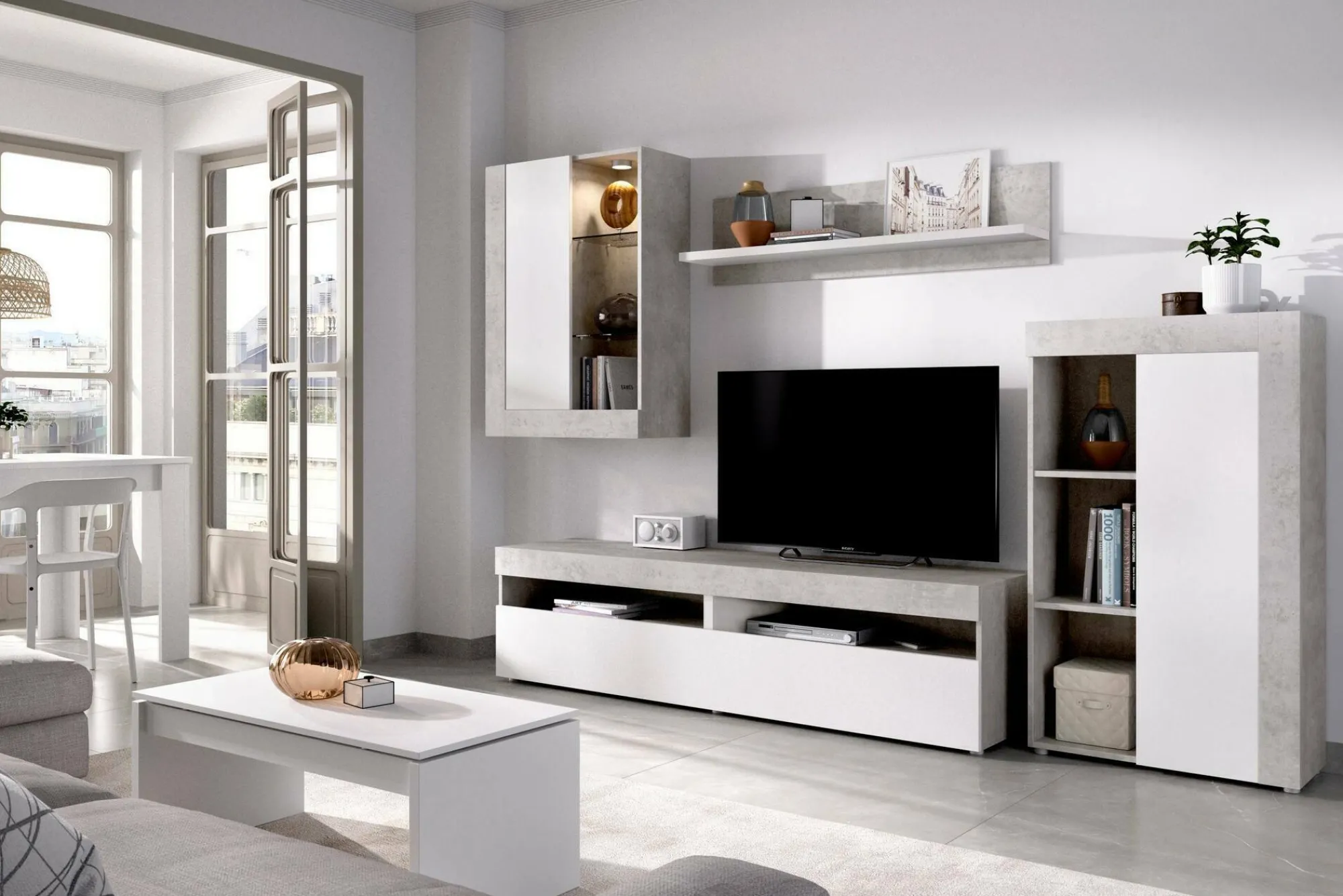 Parete attrezzata Aleu, 265x42h180 cm, Bianco e Cemento<Dmora Sale