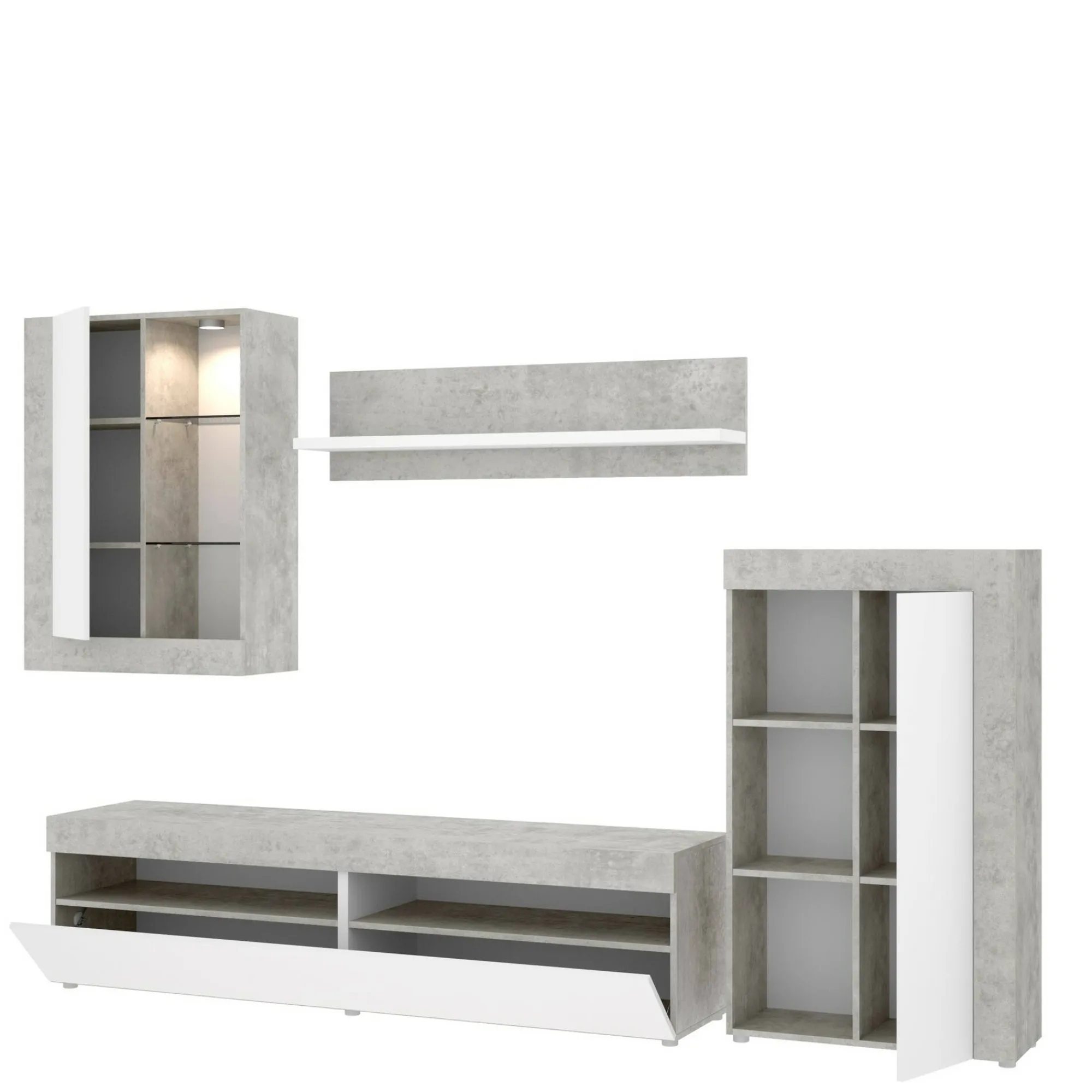 Parete attrezzata Aleu, 265x42h180 cm, Bianco e Cemento<Dmora Sale