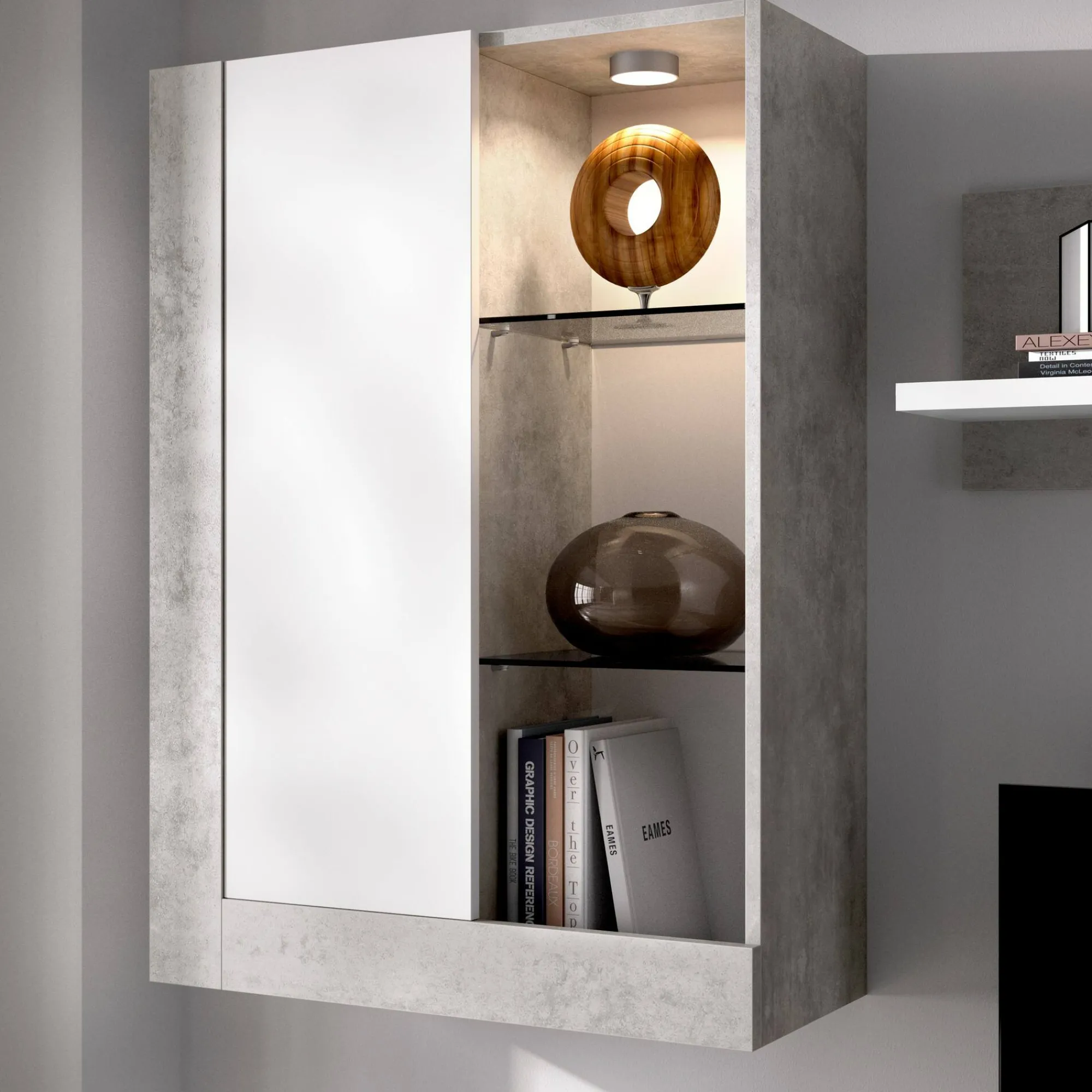 Parete attrezzata Aleu, 265x42h180 cm, Bianco e Cemento<Dmora Sale