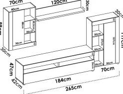 Parete attrezzata Aleu, 265x42h180 cm, Bianco e Cemento<Dmora Sale