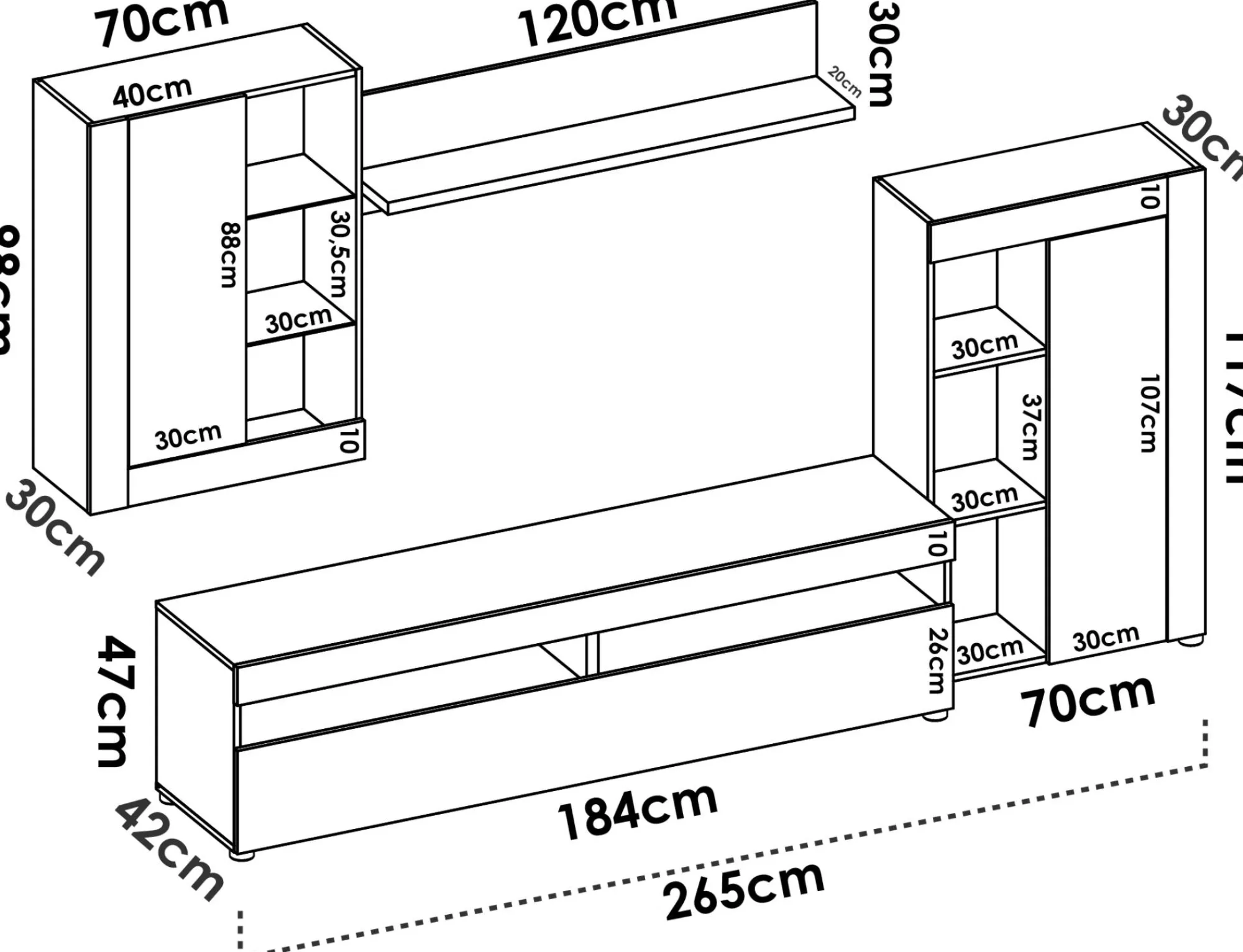 Parete attrezzata Aleu, 265x42h180 cm, Bianco e Cemento<Dmora Sale