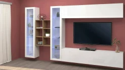 Parete attrezzata Alezio, cm 280x30h180, Bianco lucido e Acero<Dmora Best